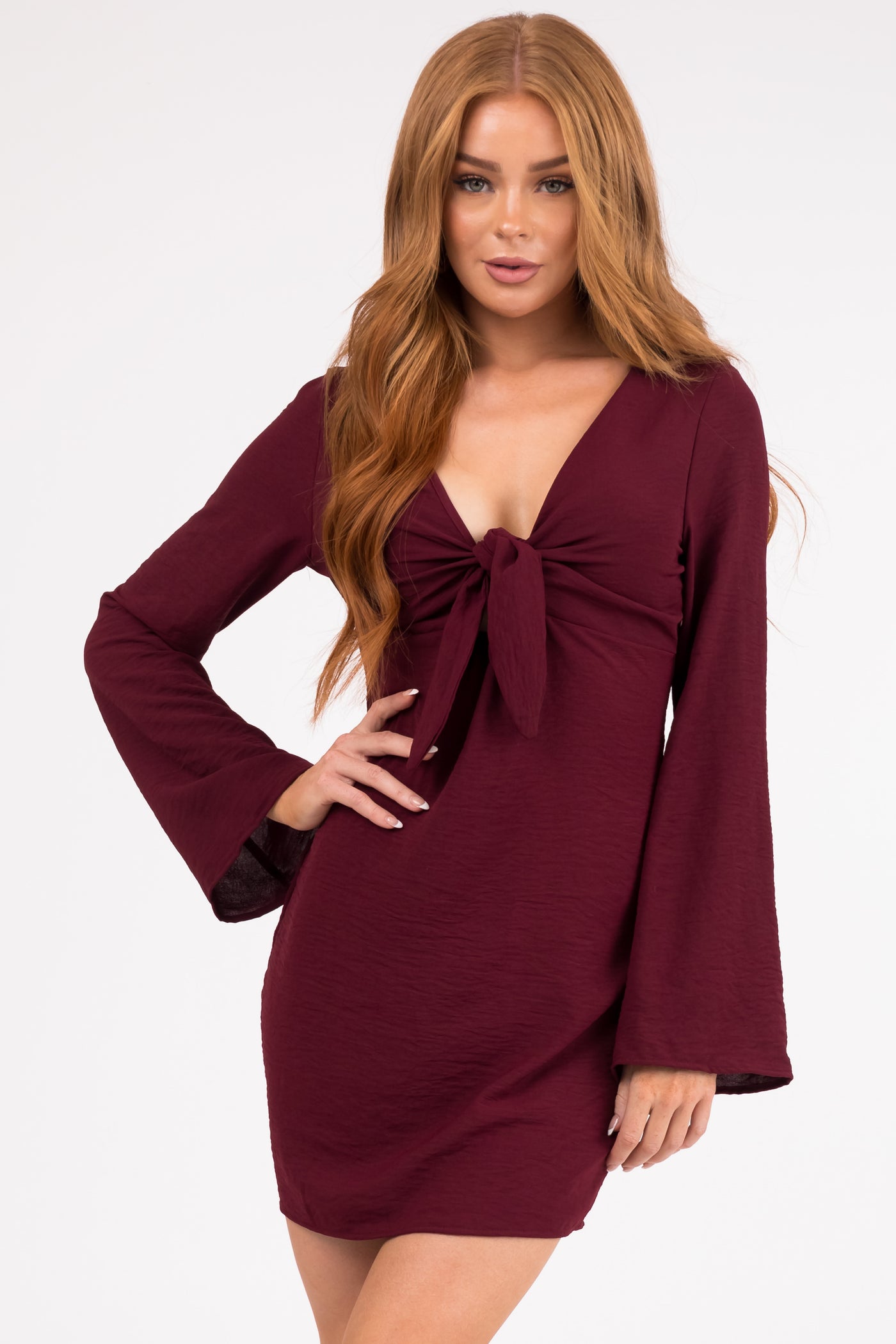 Wine Long Flare Sleeve Front Tie Mini Dress