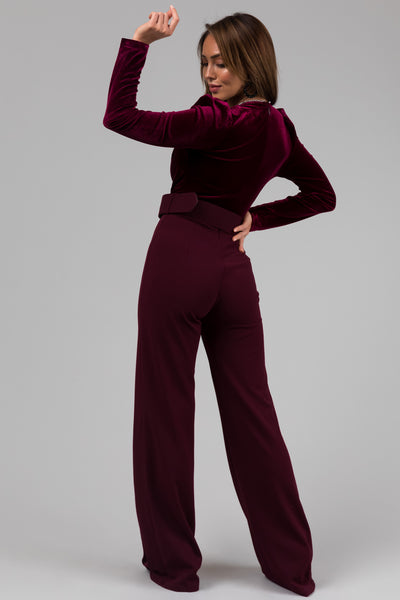 Wine Long Sleeve Velvet Rhinestone Detail Jumpsuit