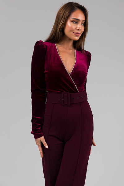 Wine Long Sleeve Velvet Rhinestone Detail Jumpsuit