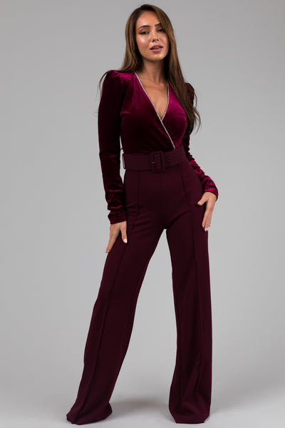 Wine Long Sleeve Velvet Rhinestone Detail Jumpsuit
