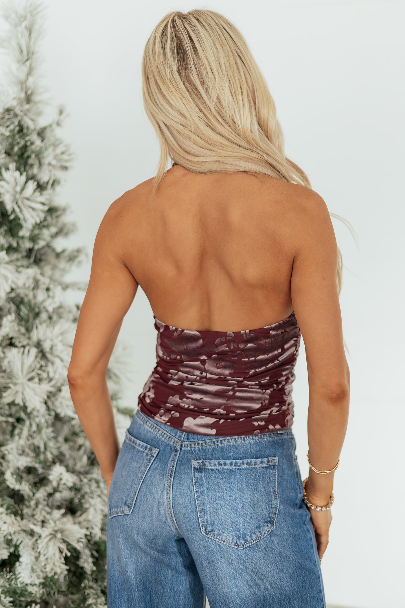 Wine Mesh Halter Neck Velvet Burnout Tank Top