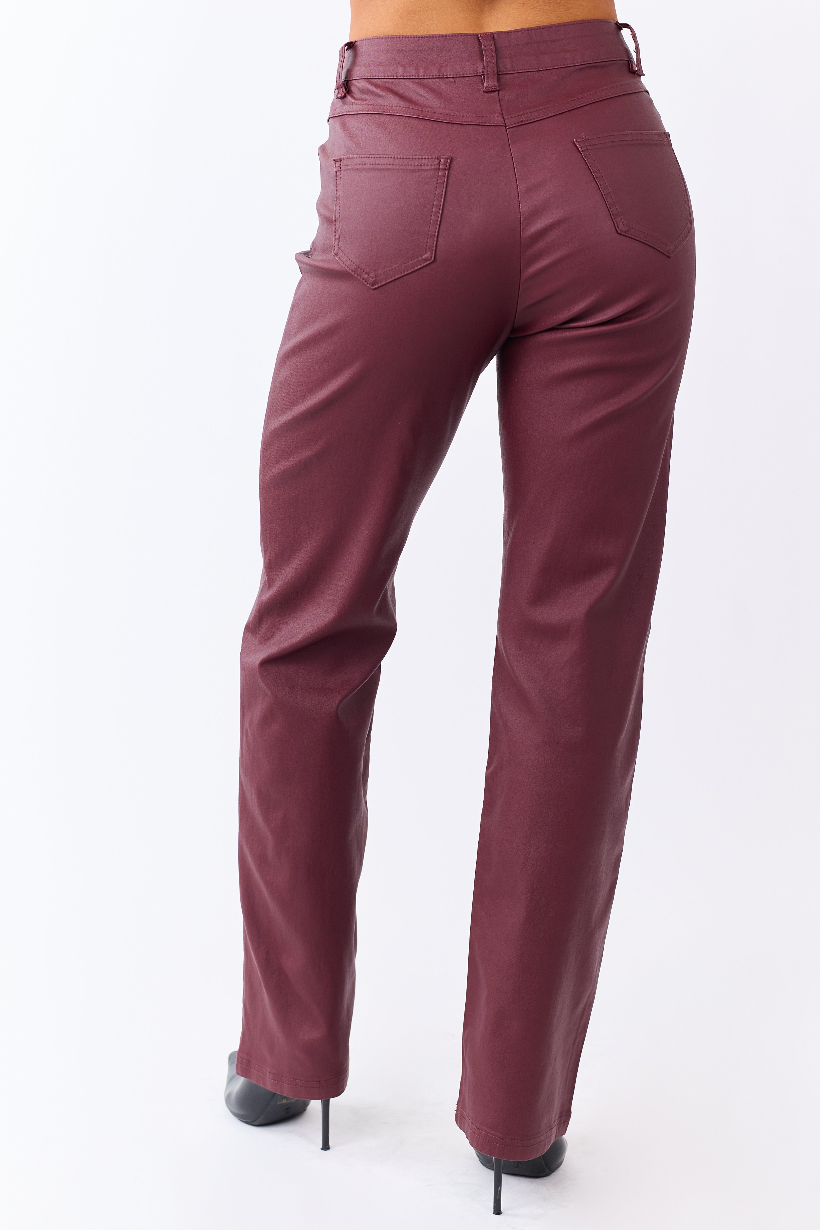 Wine Metallic Faux Leather Stretchy Straight Pants