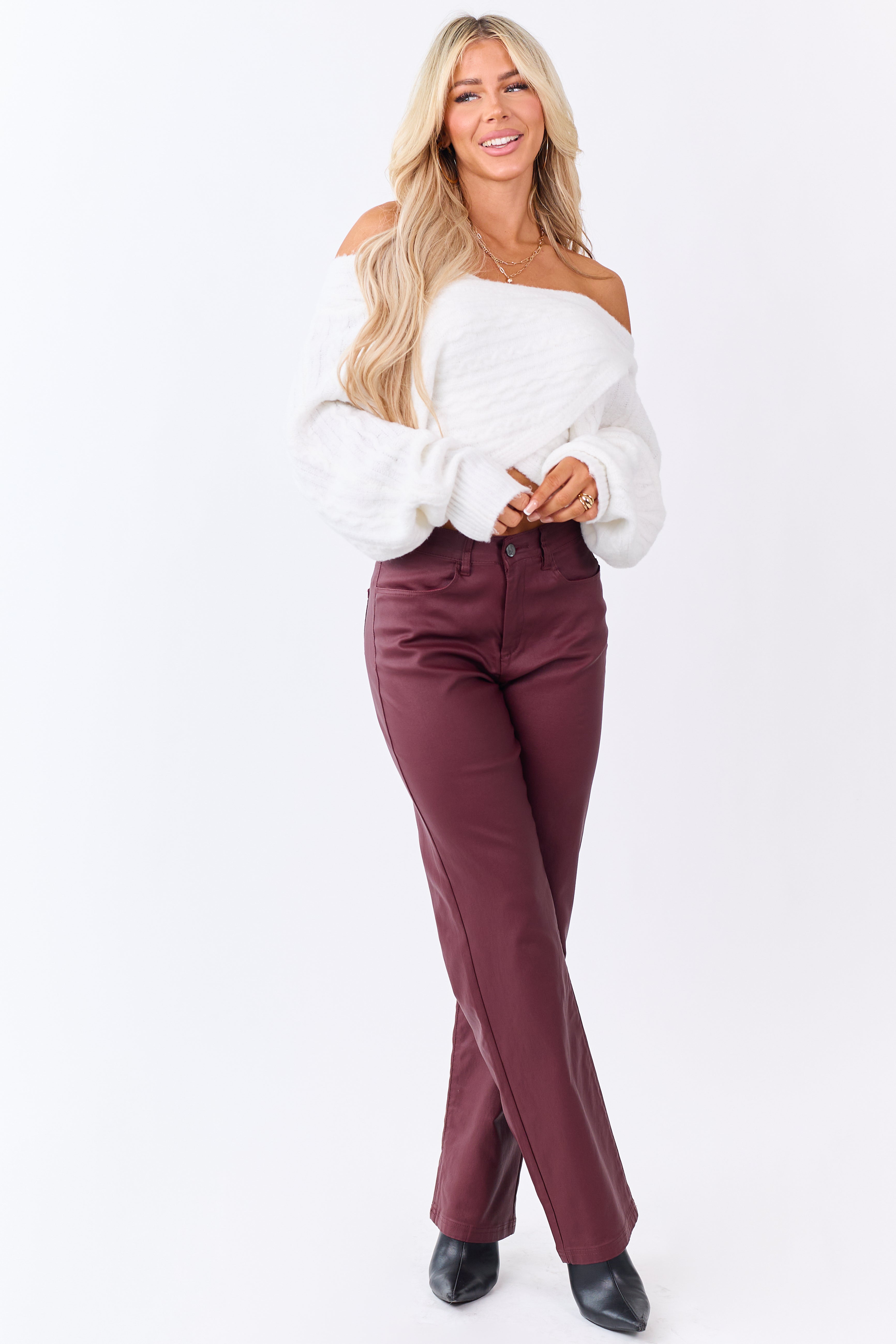 Wine Metallic Faux Leather Stretchy Straight Pants