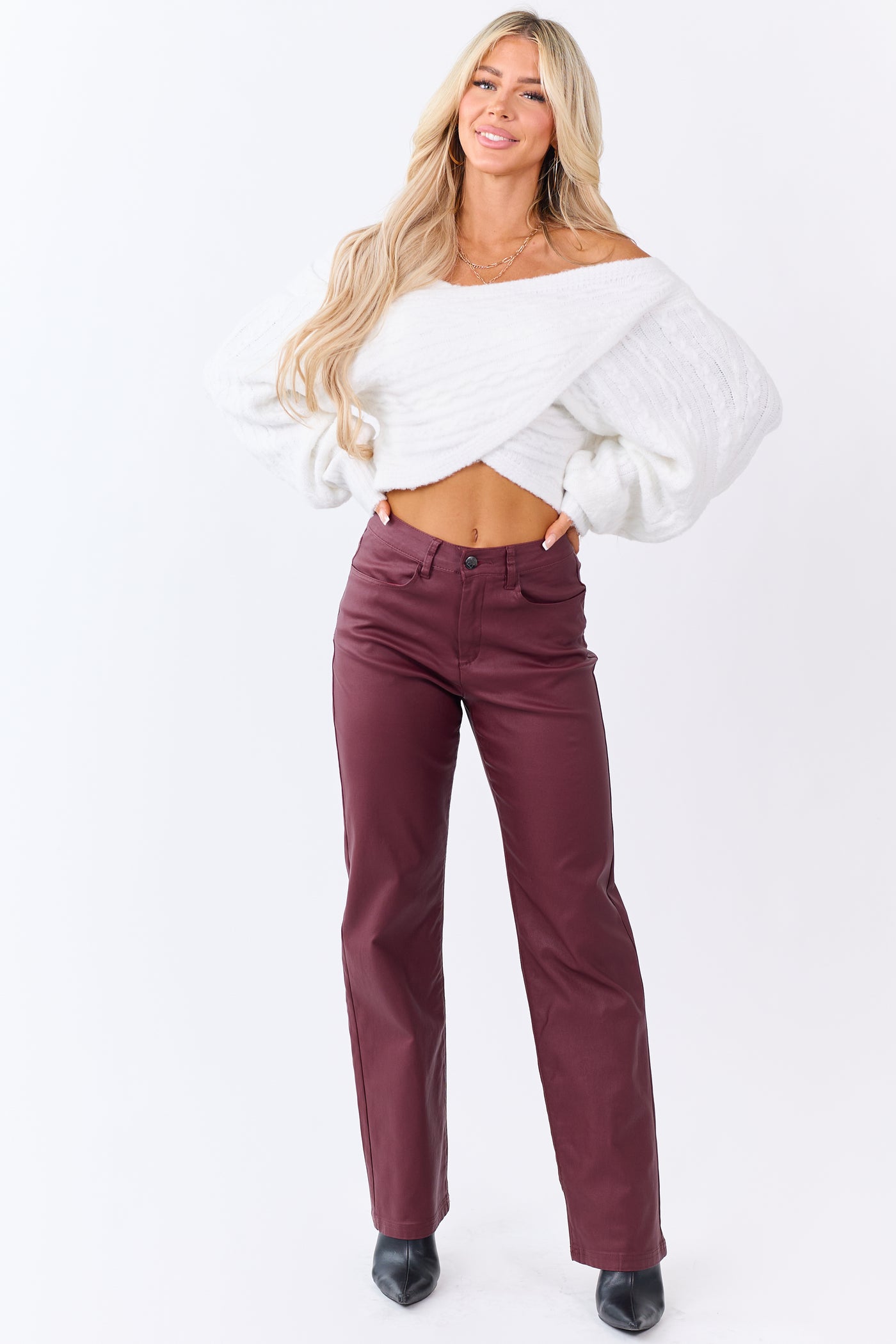 Wine Metallic Faux Leather Stretchy Straight Pants