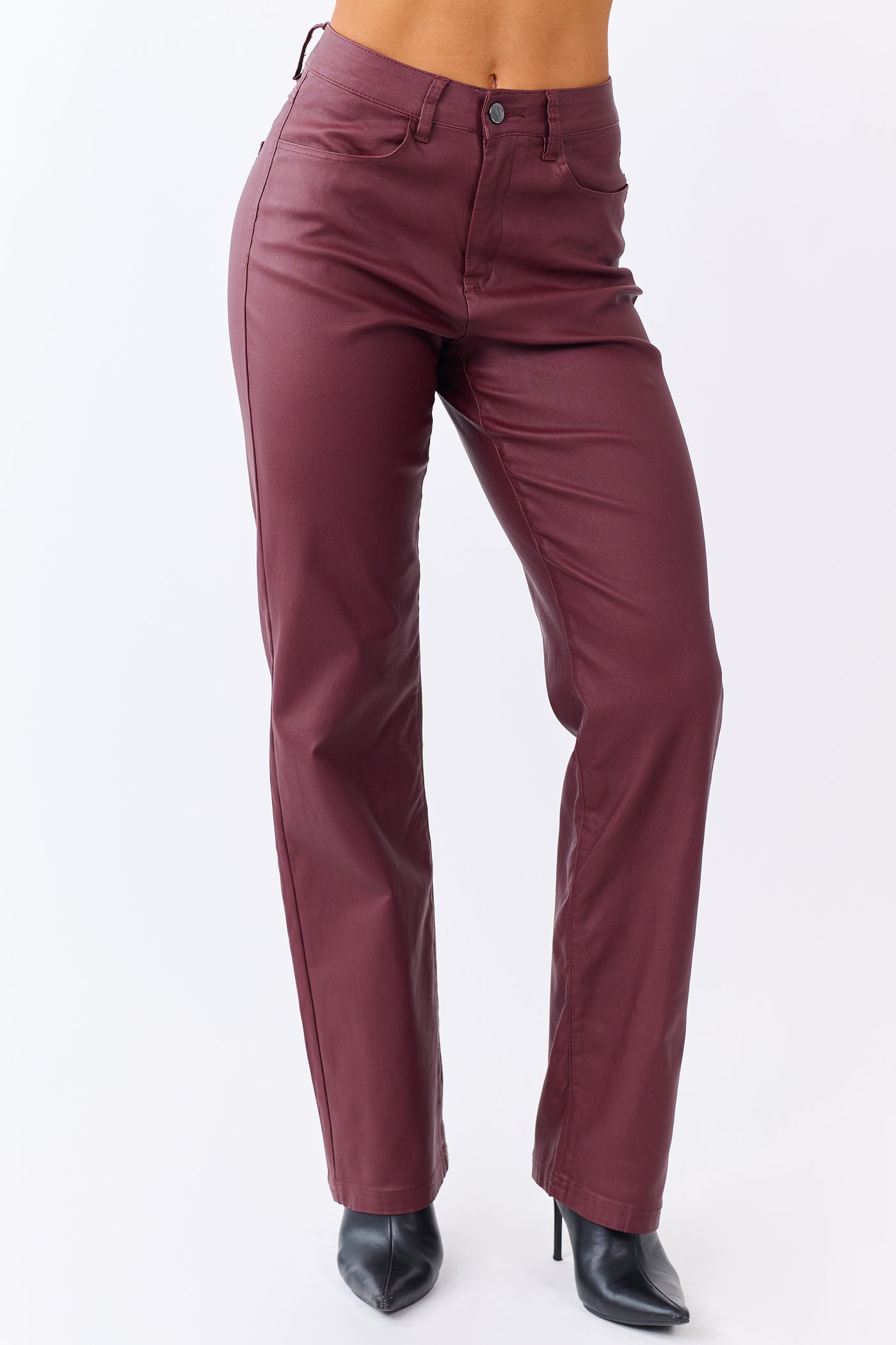 Wine Metallic Faux Leather Stretchy Straight Pants