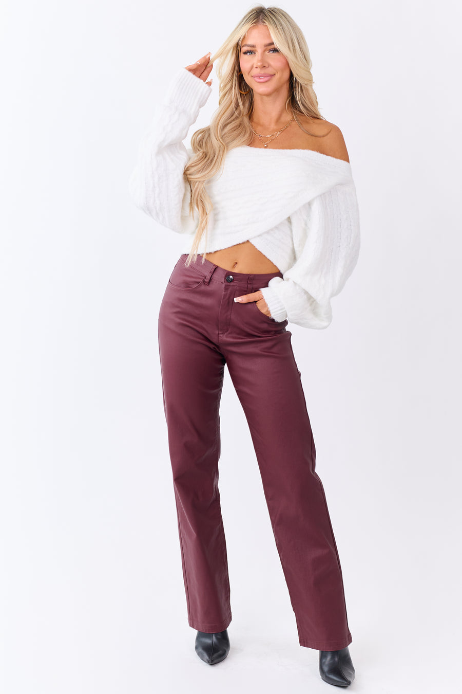 Wine Metallic Faux Leather Stretchy Straight Pants