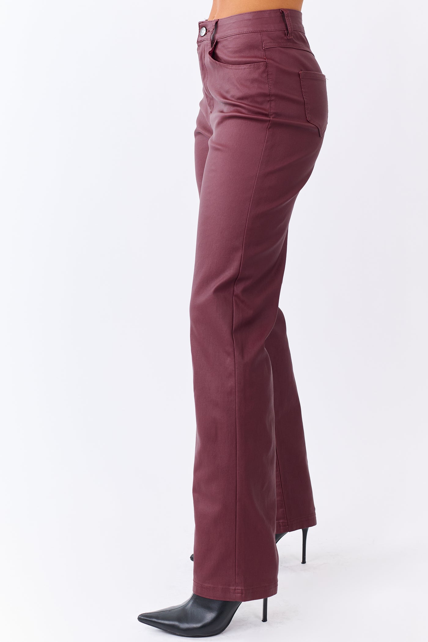 Wine Metallic Faux Leather Stretchy Straight Pants