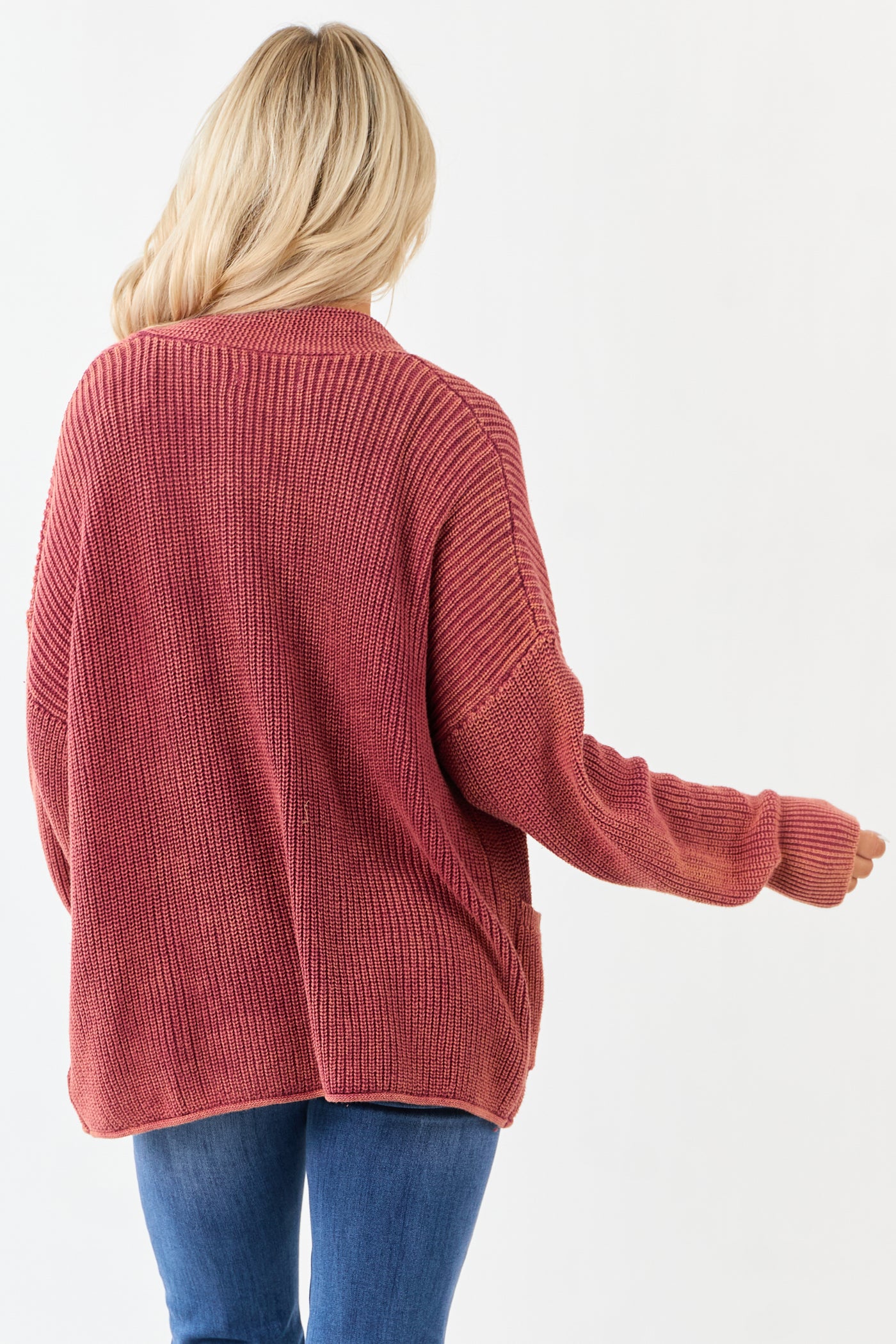 Wine Mineral Wash Open Front Cotton Sweater Cardigan