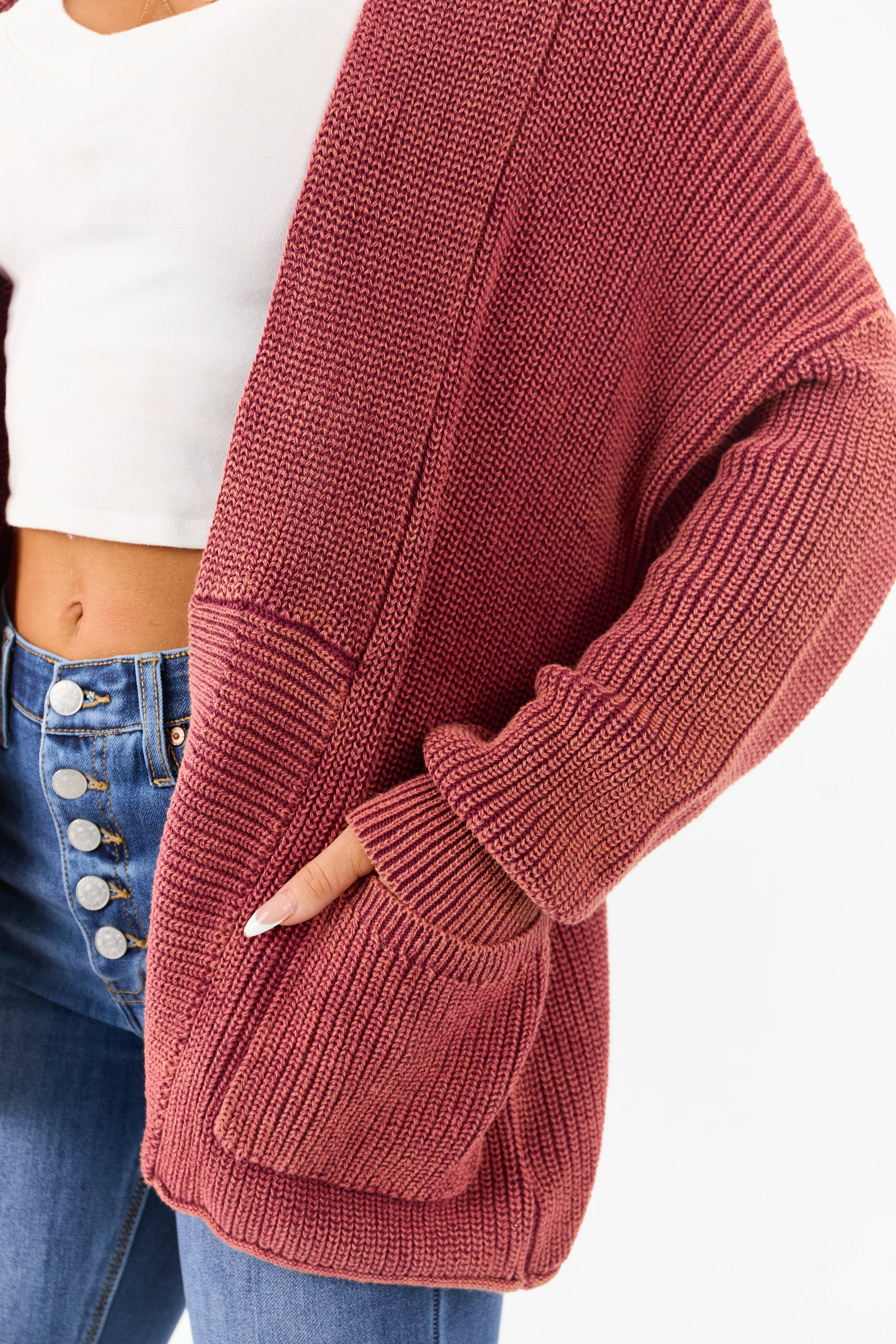 Wine Mineral Wash Open Front Cotton Sweater Cardigan