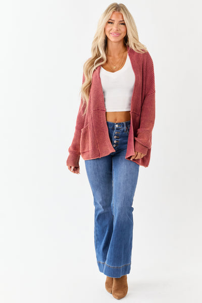 Wine Mineral Wash Open Front Cotton Sweater Cardigan