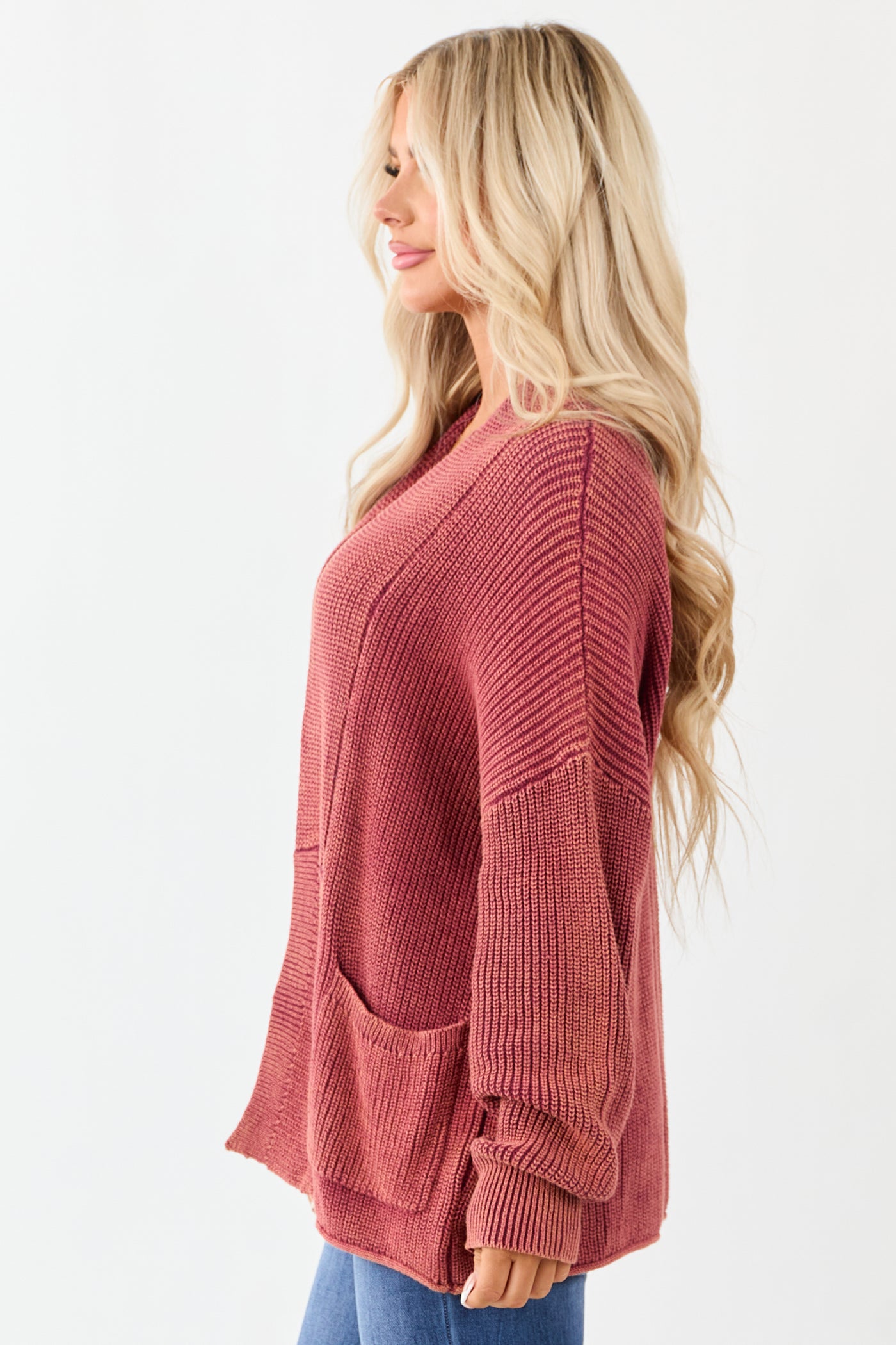 Wine Mineral Wash Open Front Cotton Sweater Cardigan