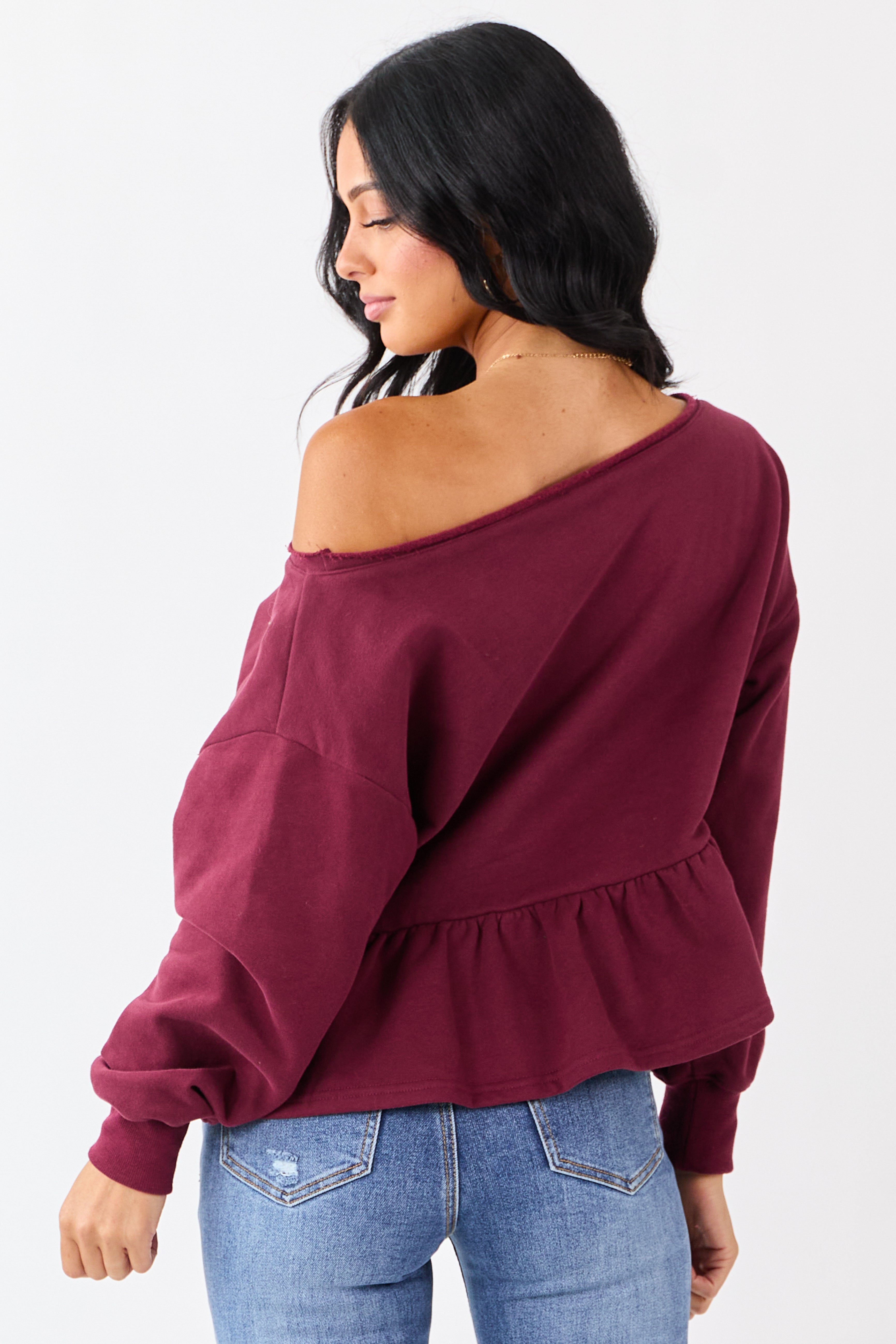 Wine One Shoulder Peplum Relaxed Sweatshirt Top