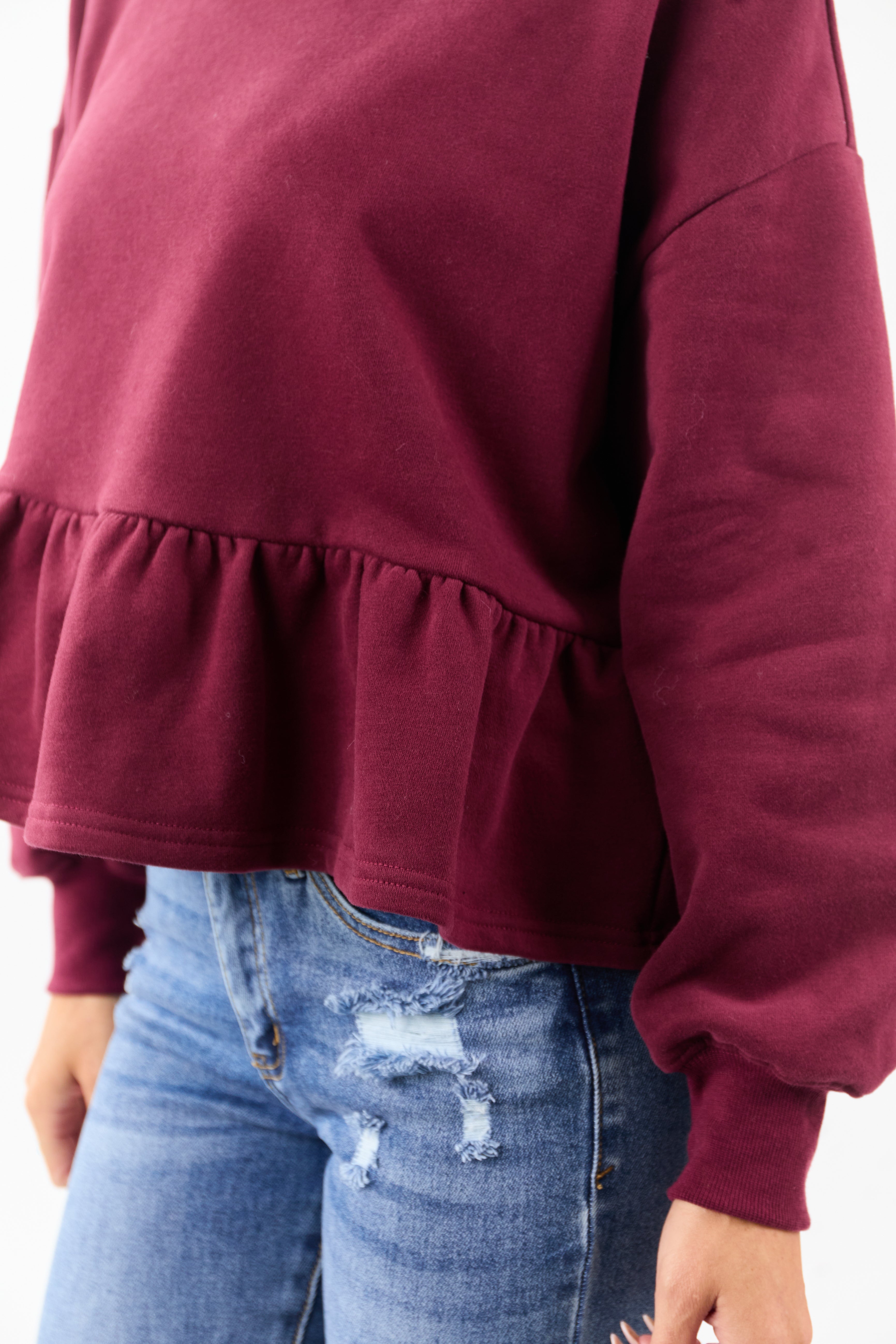 Wine One Shoulder Peplum Relaxed Sweatshirt Top