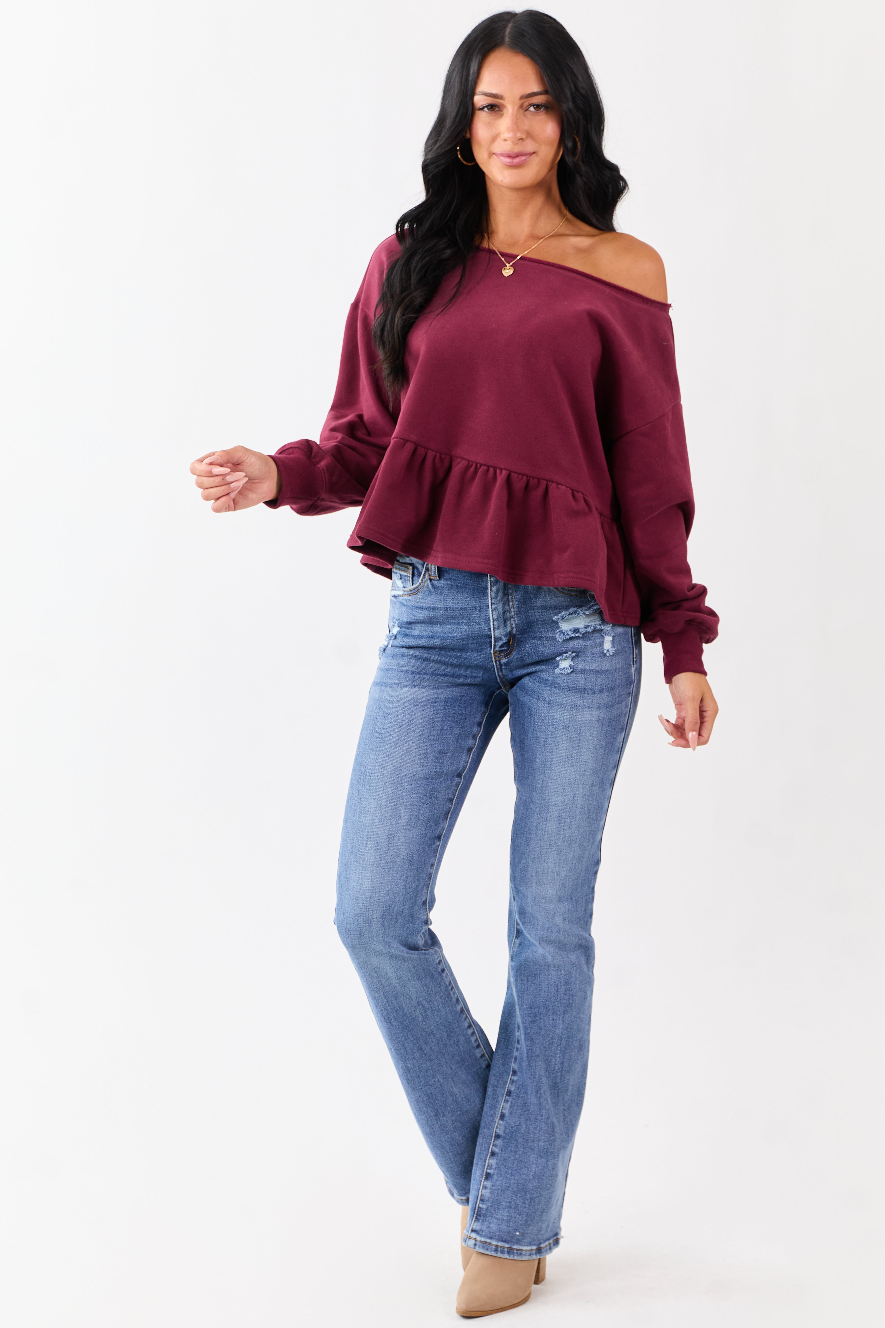 Wine One Shoulder Peplum Relaxed Sweatshirt Top