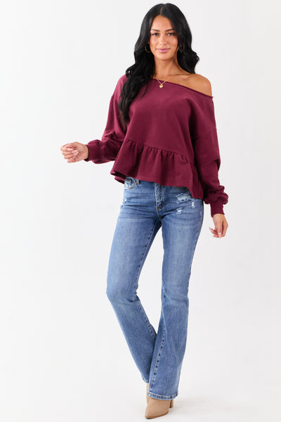 Wine One Shoulder Peplum Relaxed Sweatshirt Top