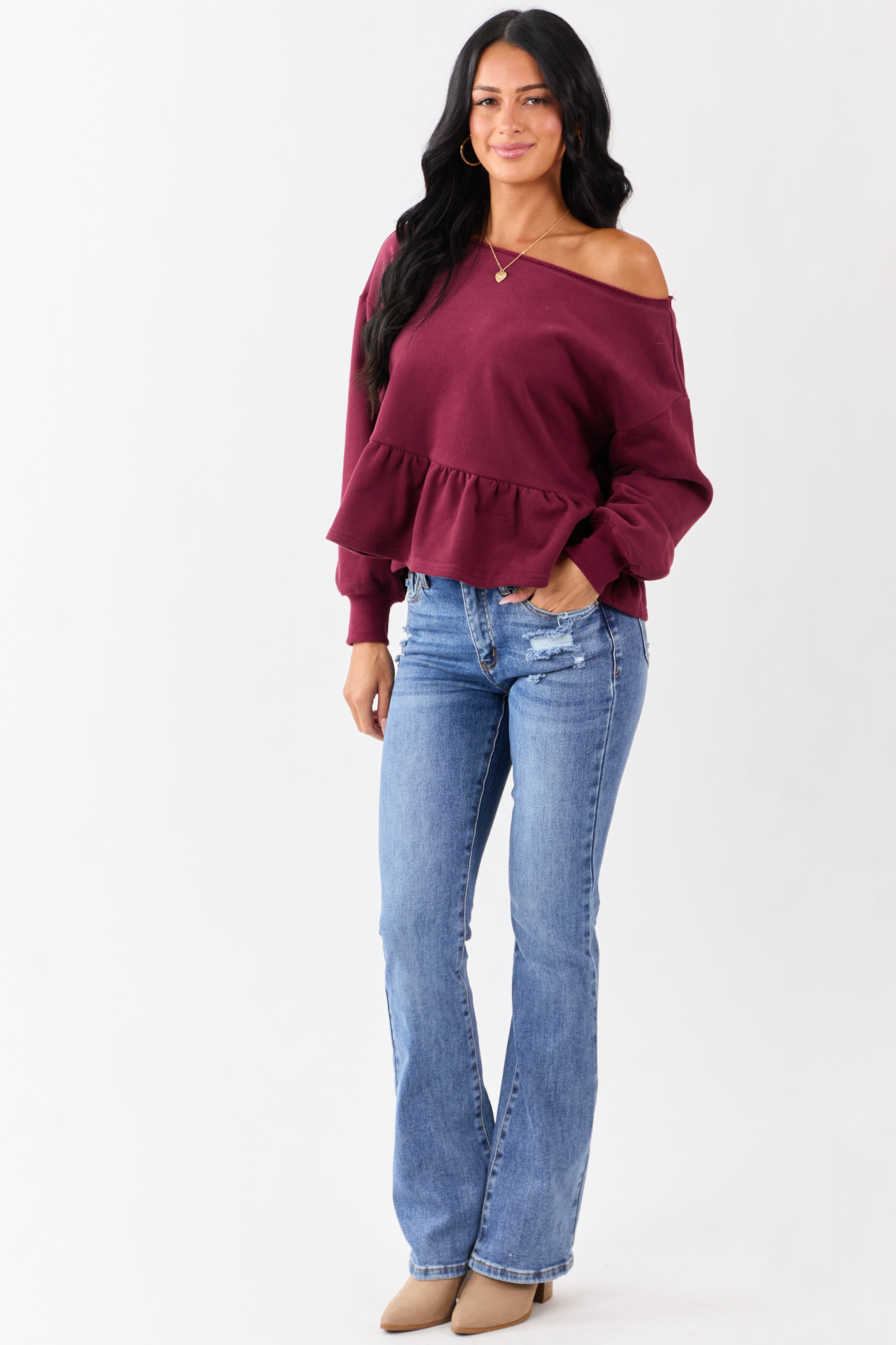 Wine One Shoulder Peplum Relaxed Sweatshirt Top