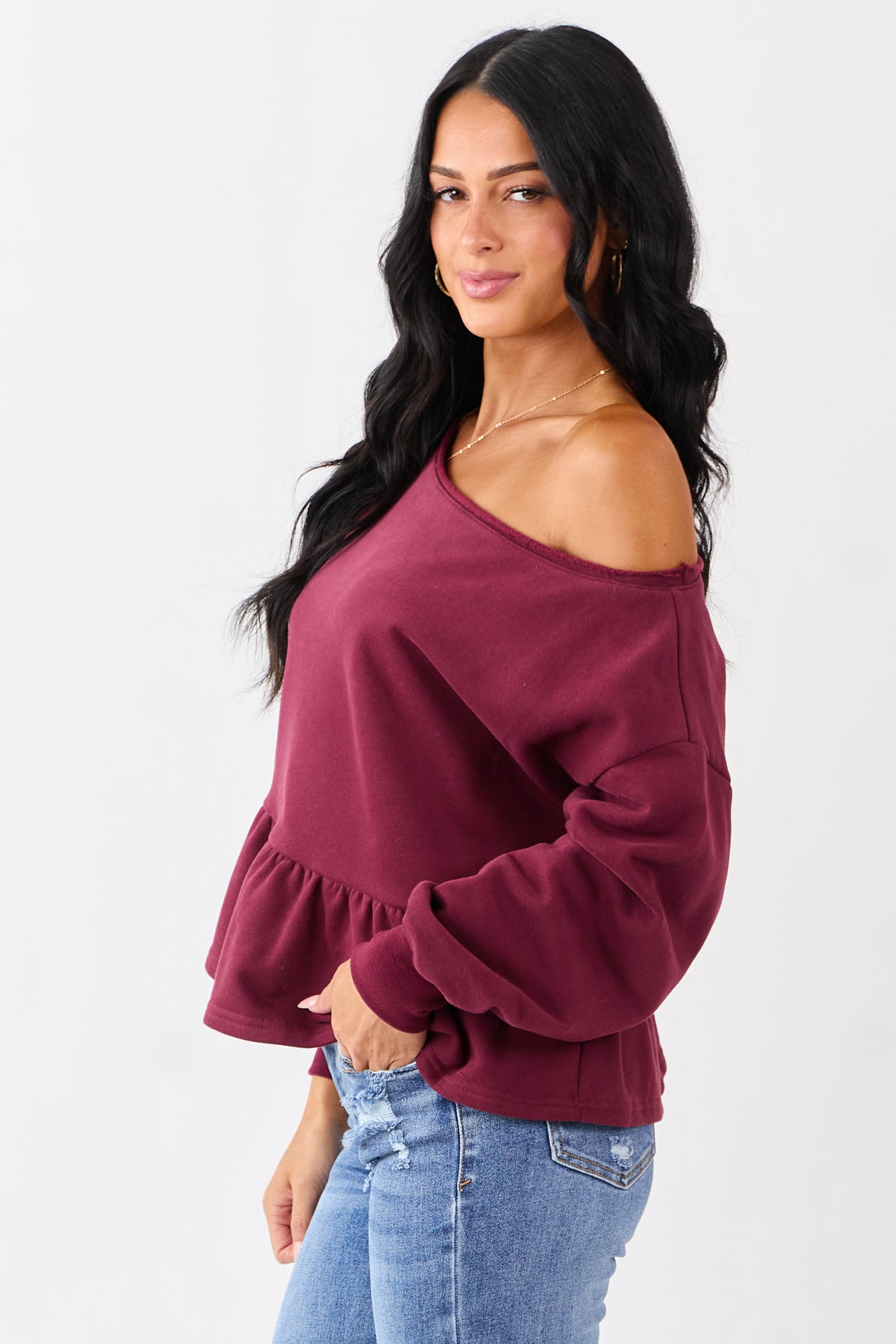 Wine One Shoulder Peplum Relaxed Sweatshirt Top