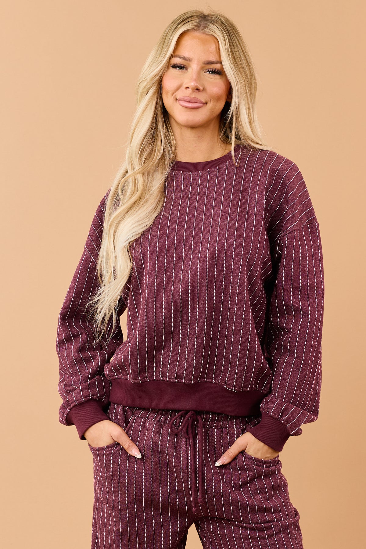 Wine Pinstripe Crew Neck Sweatshirt