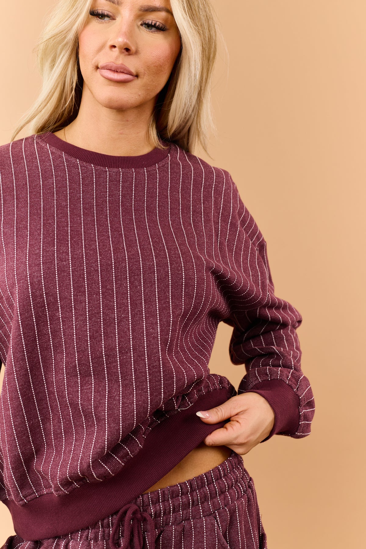 Wine Pinstripe Crew Neck Sweatshirt