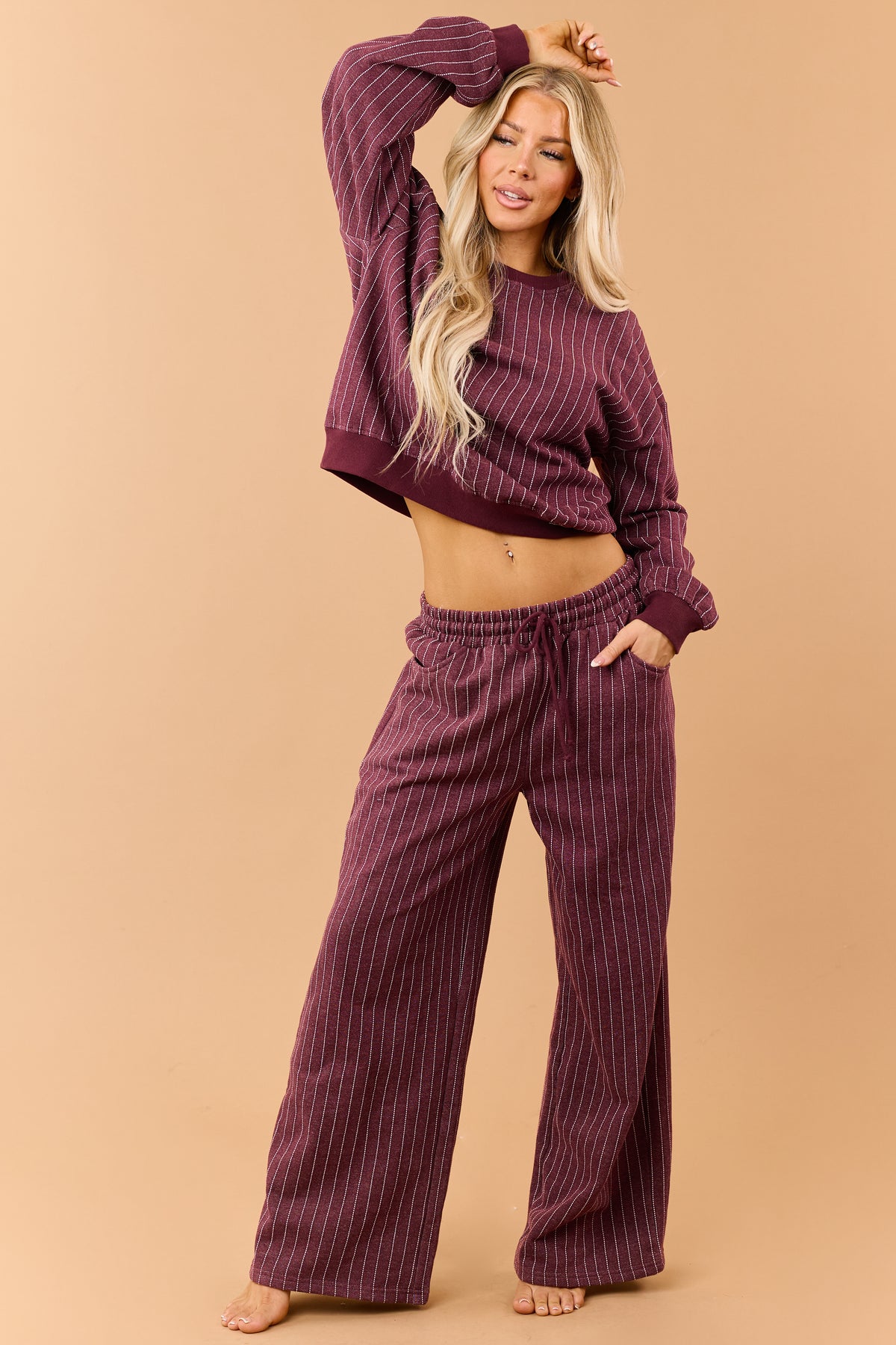 Wine Pinstripe Crew Neck Sweatshirt