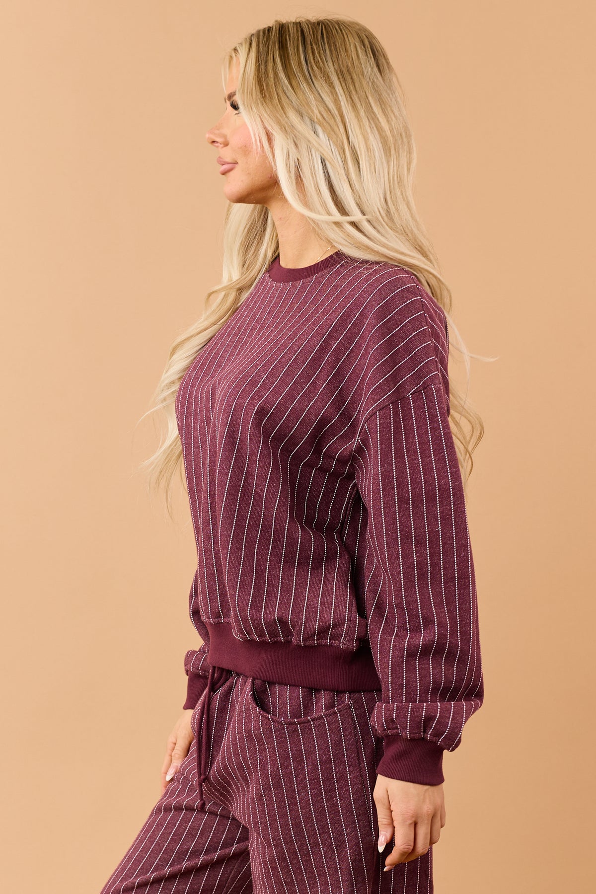 Wine Pinstripe Crew Neck Sweatshirt