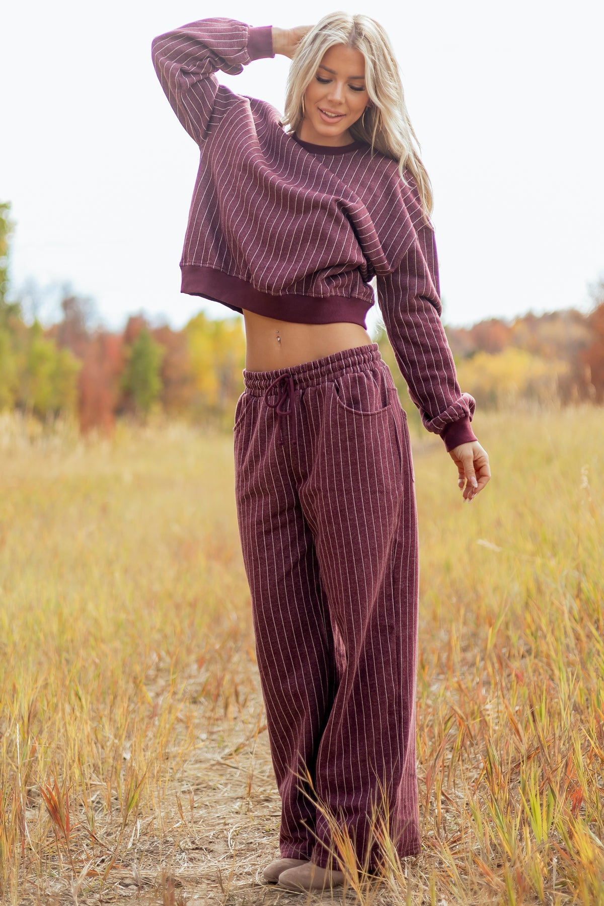Wine Pinstripe Crew Neck Sweatshirt