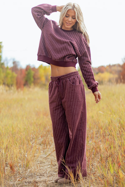 Wine Pinstripe Crew Neck Sweatshirt