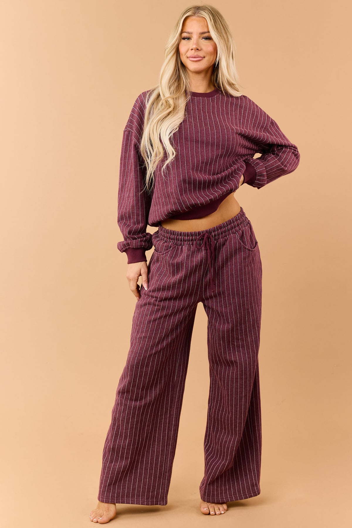 Wine Pinstripe Soft Knit Drawstring Sweatpants