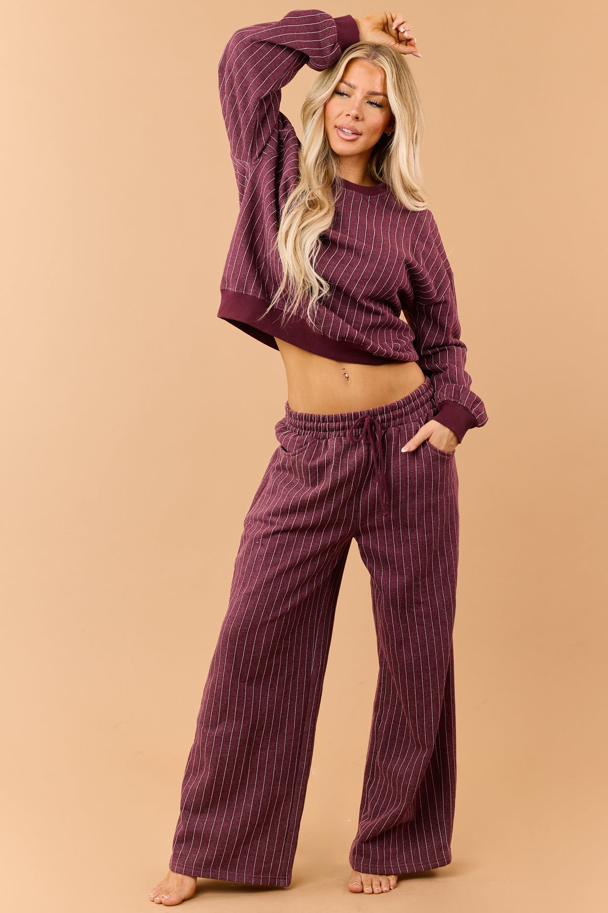 Wine Pinstripe Soft Knit Drawstring Sweatpants
