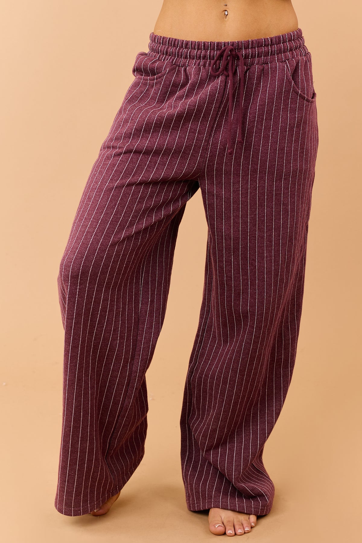 Wine Pinstripe Soft Knit Drawstring Sweatpants