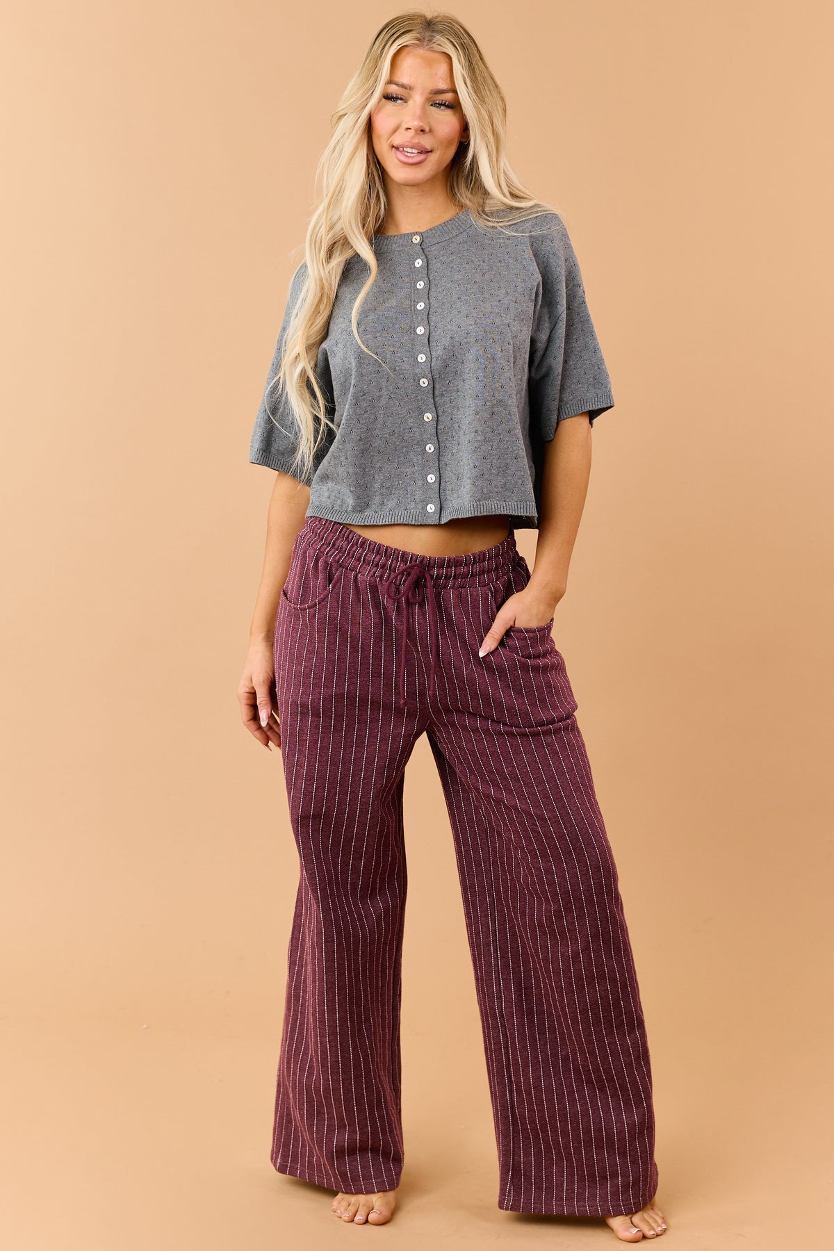 Wine Pinstripe Soft Knit Drawstring Sweatpants
