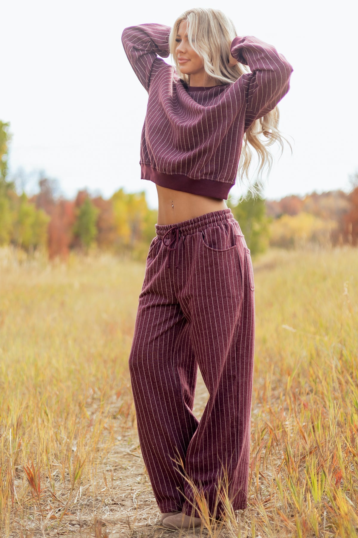 Wine Pinstripe Soft Knit Drawstring Sweatpants