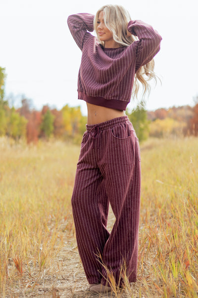 Wine Pinstripe Soft Knit Drawstring Sweatpants