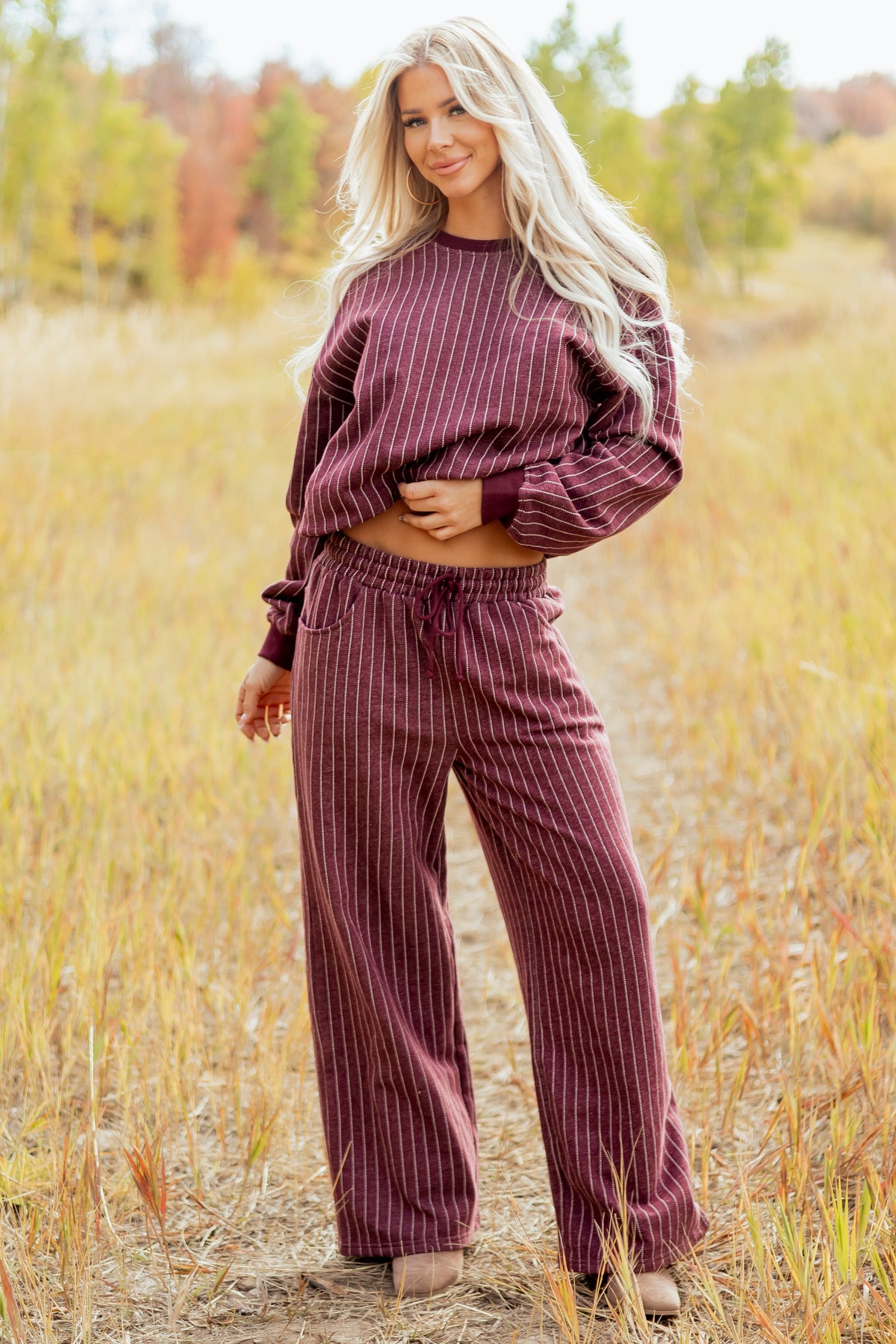 Wine Pinstripe Soft Knit Drawstring Sweatpants