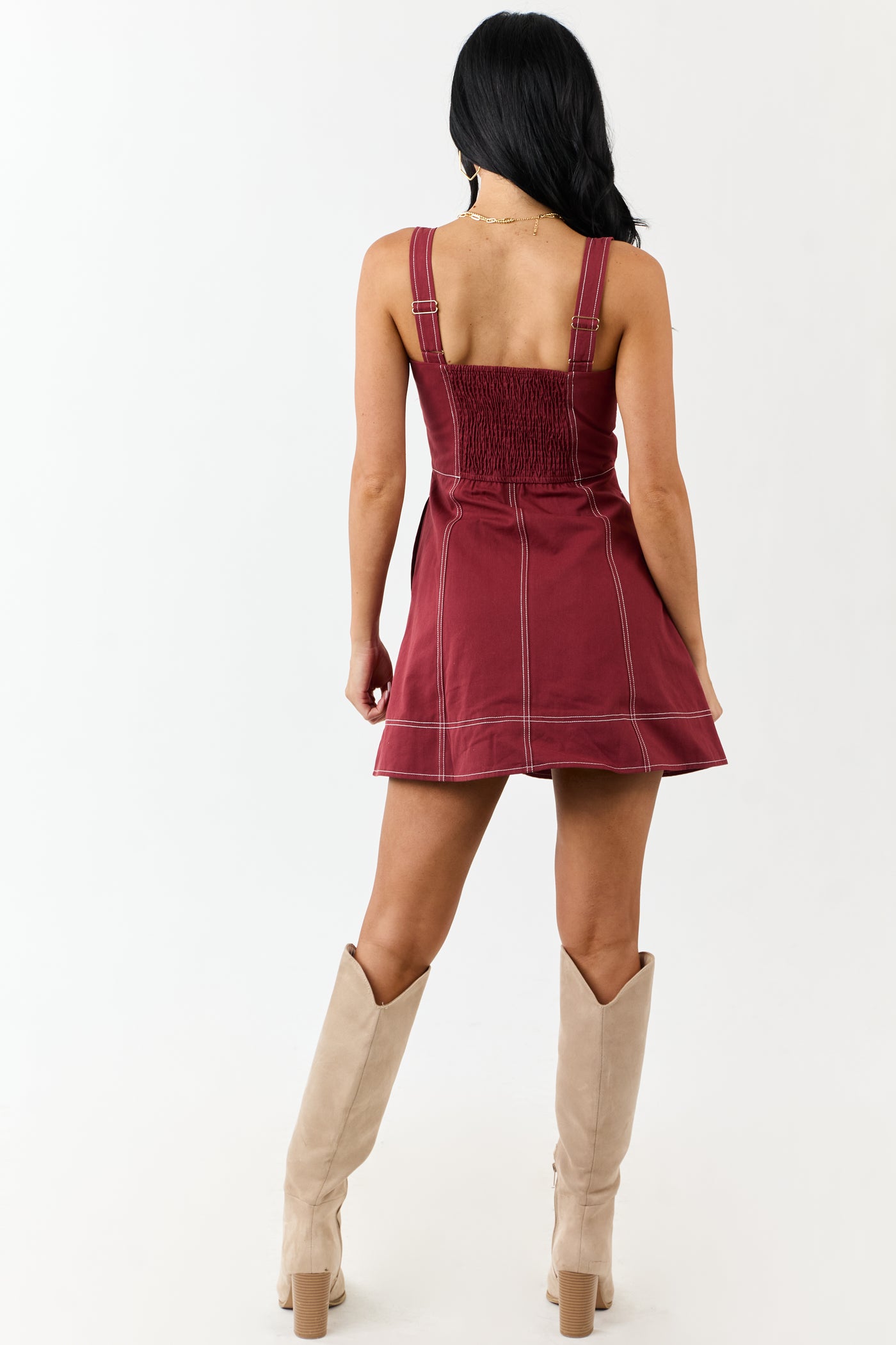 Wine Pintuck Bust Zip Up Denim Mini Dress