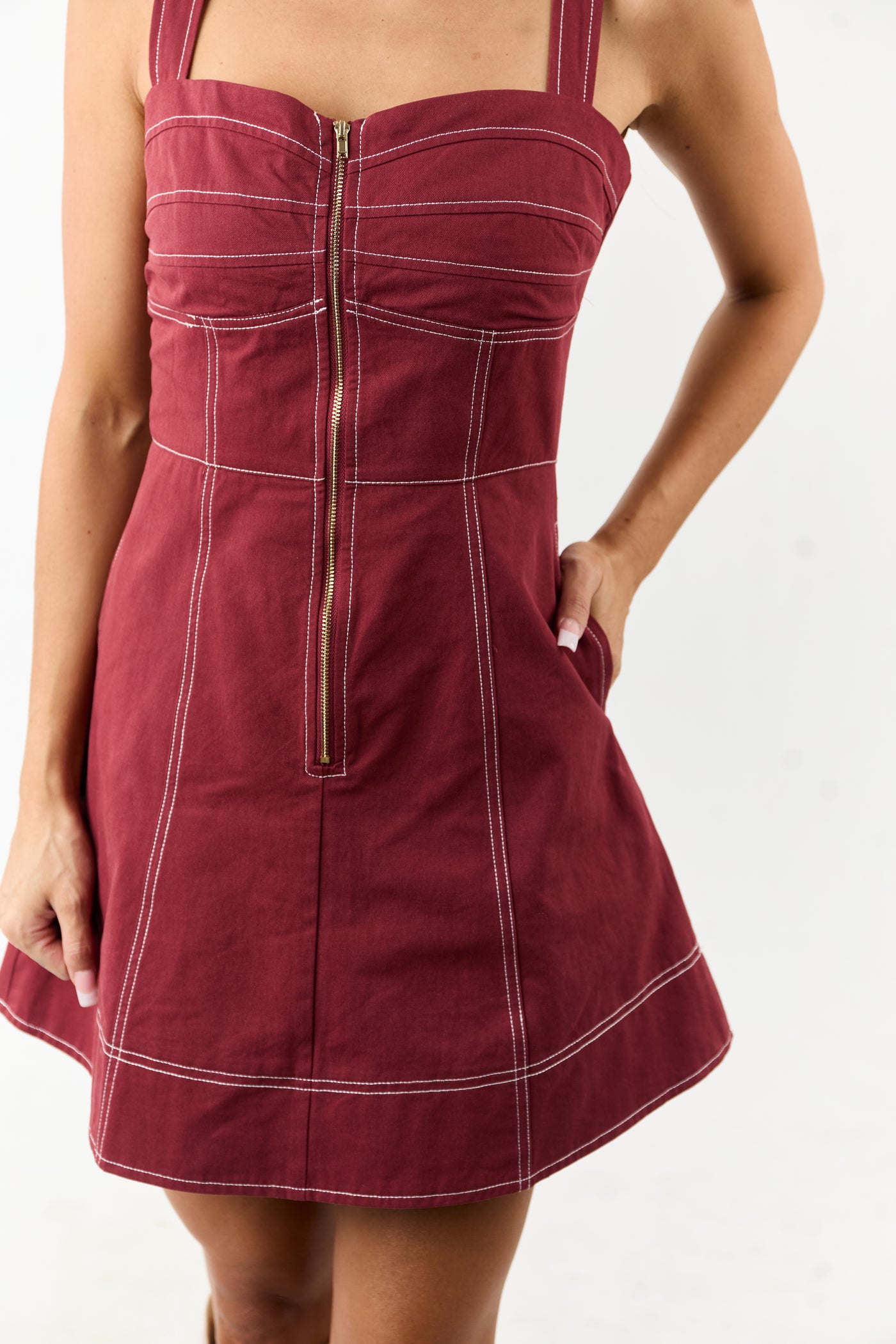 Wine Pintuck Bust Zip Up Denim Mini Dress