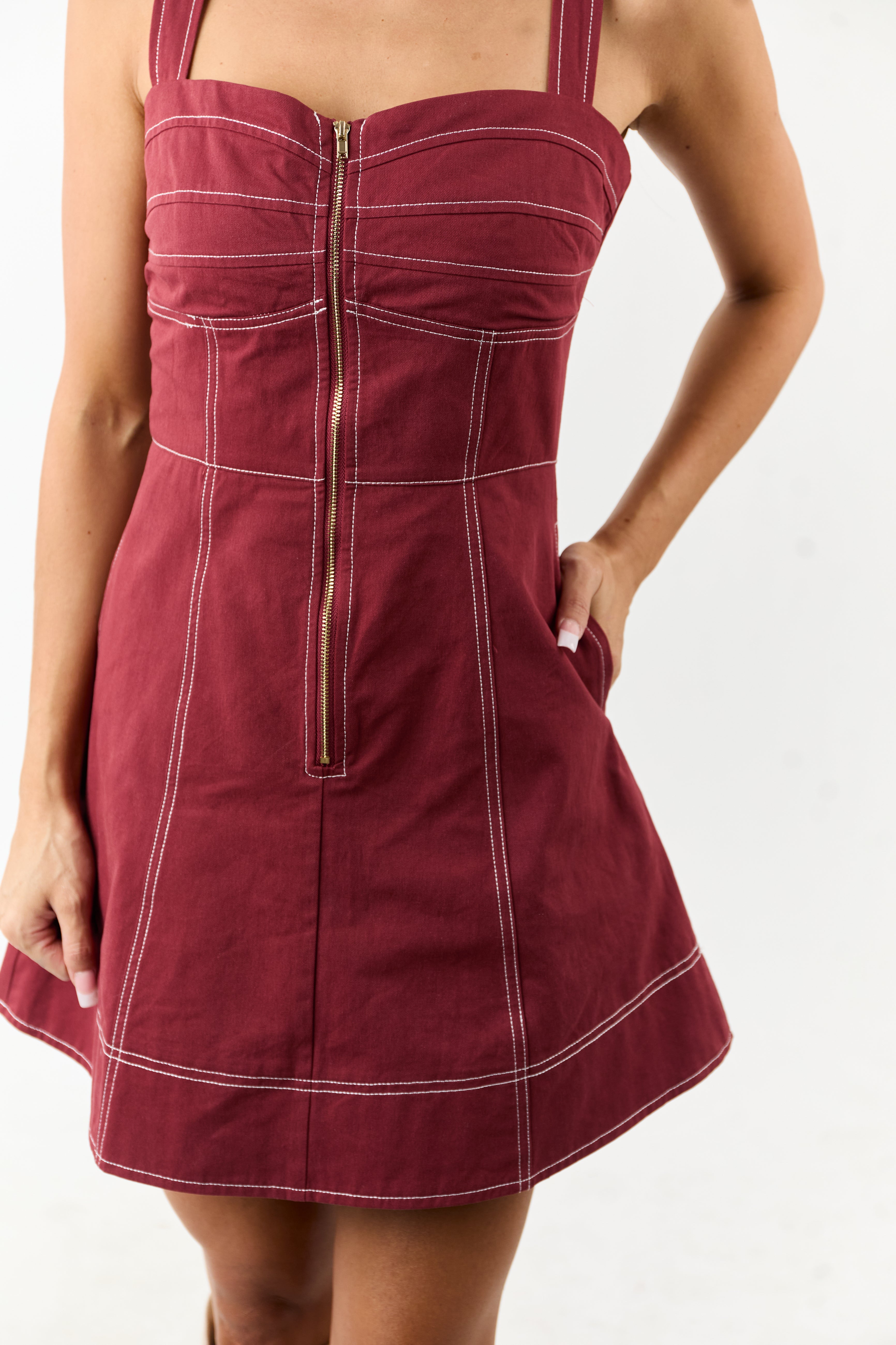 Wine Pintuck Bust Zip Up Denim Mini Dress