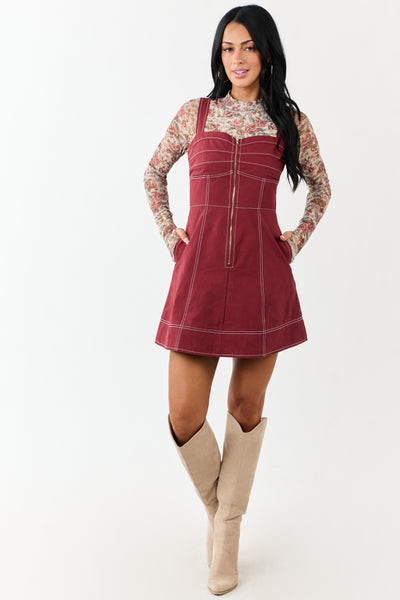 Wine Pintuck Bust Zip Up Denim Mini Dress