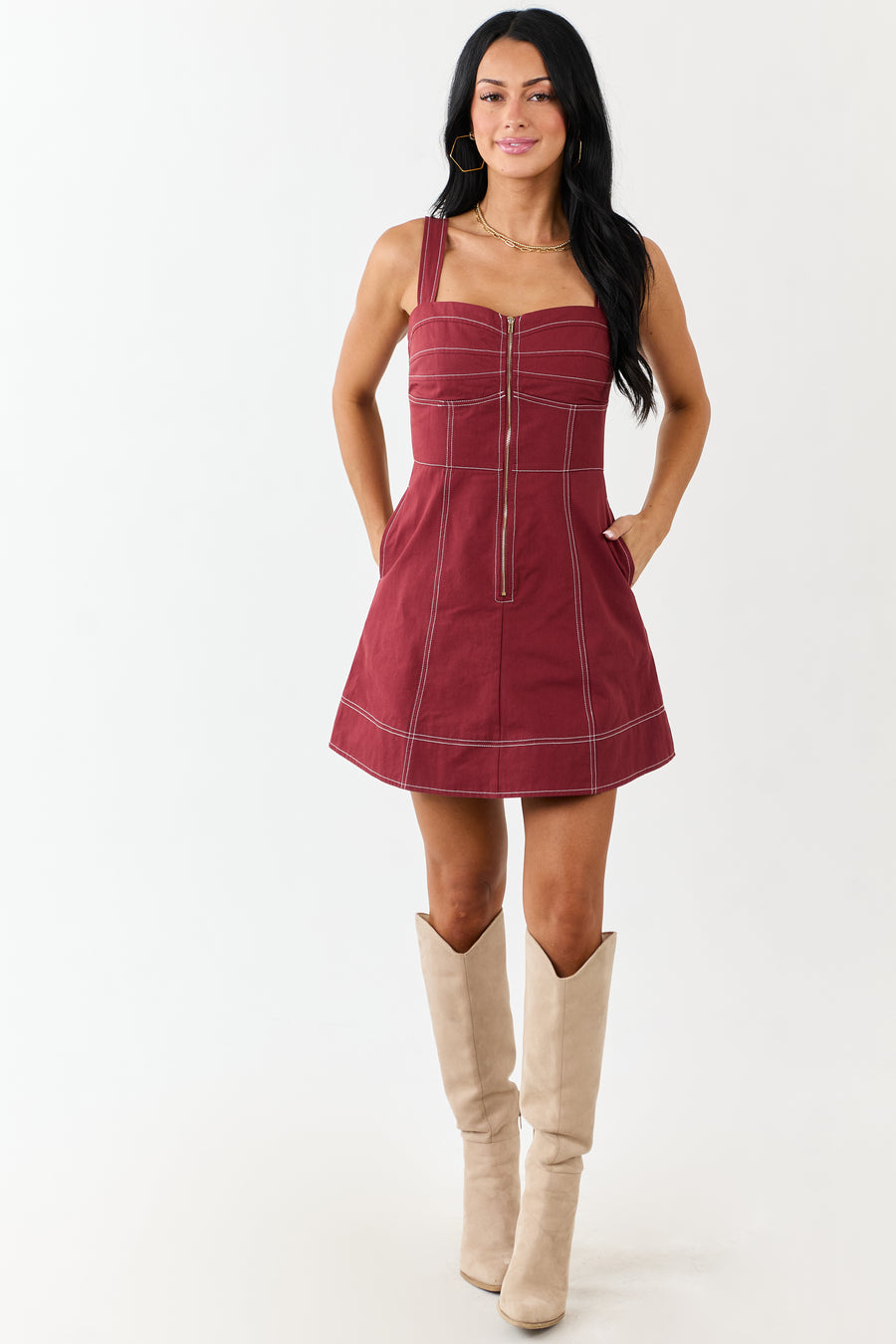 Wine Pintuck Bust Zip Up Denim Mini Dress
