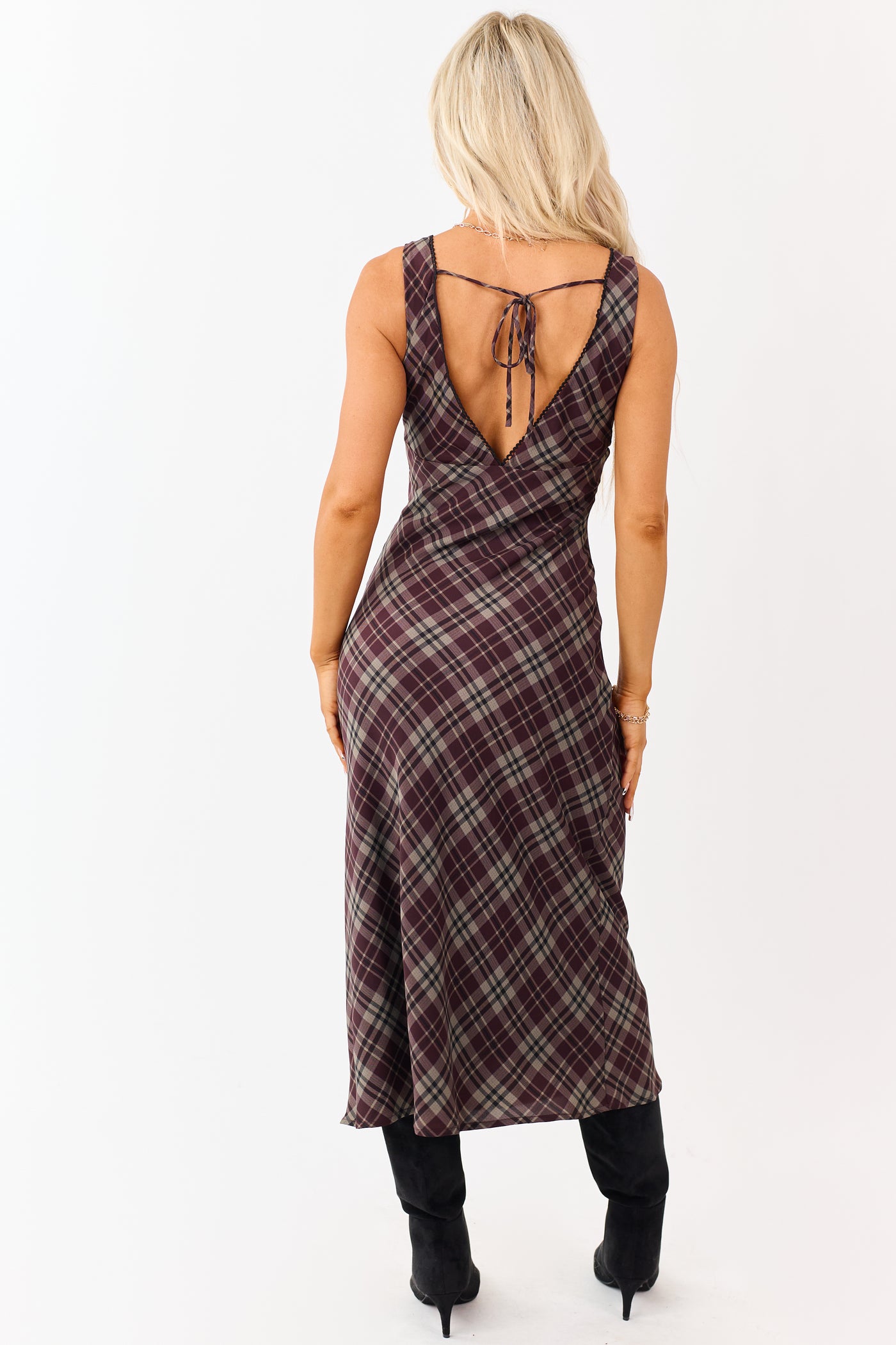 Wine Plaid Sleeveless Deep V-Neck Midi Dress
