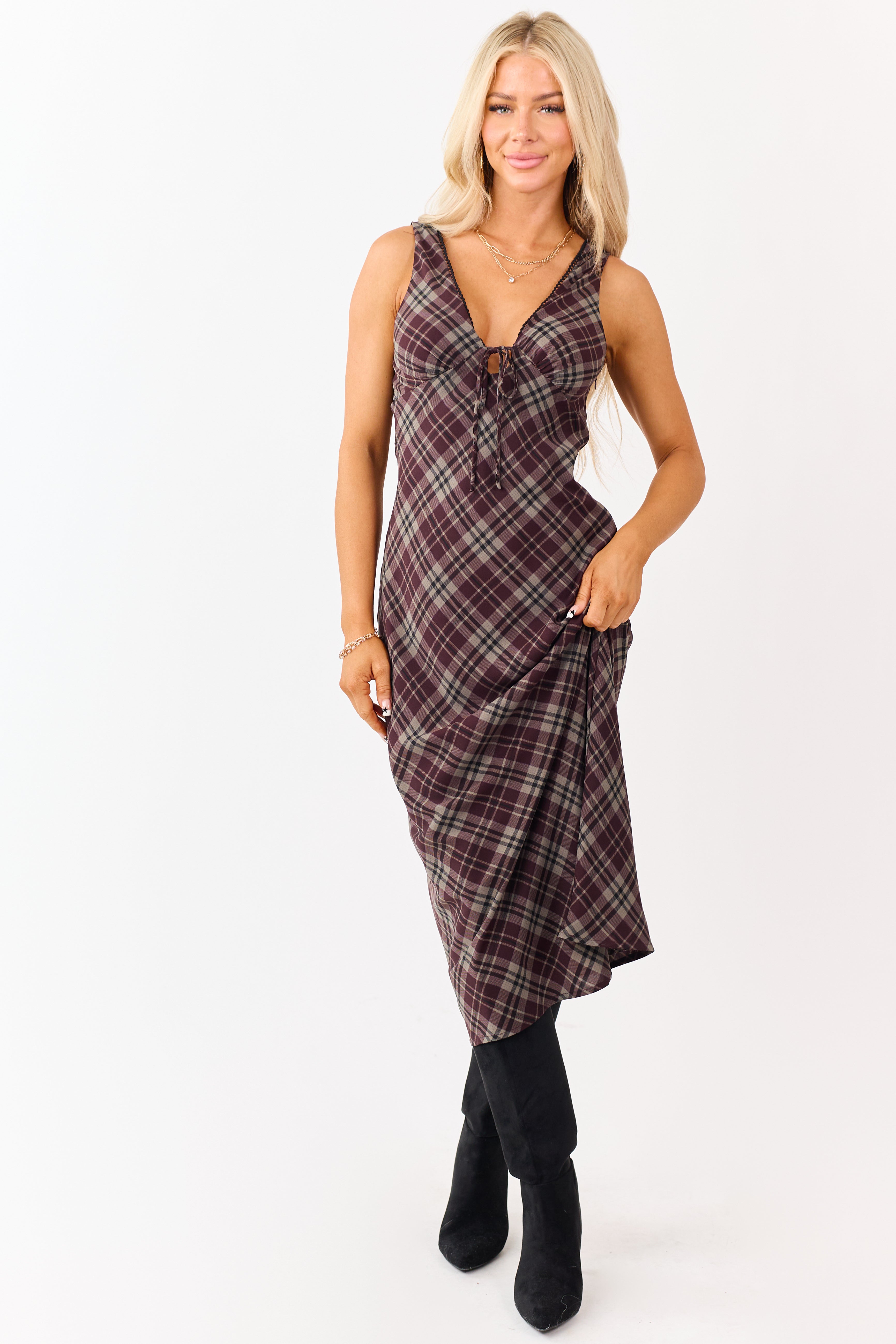 Wine Plaid Sleeveless Deep V-Neck Midi Dress