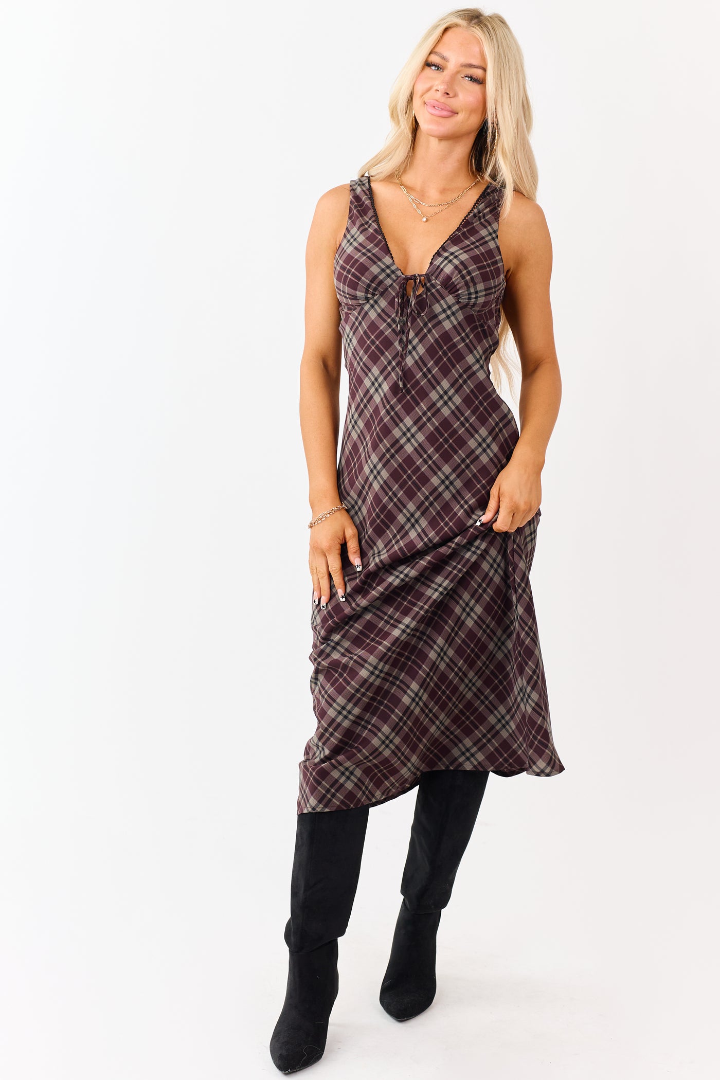 Wine Plaid Sleeveless Deep V-Neck Midi Dress
