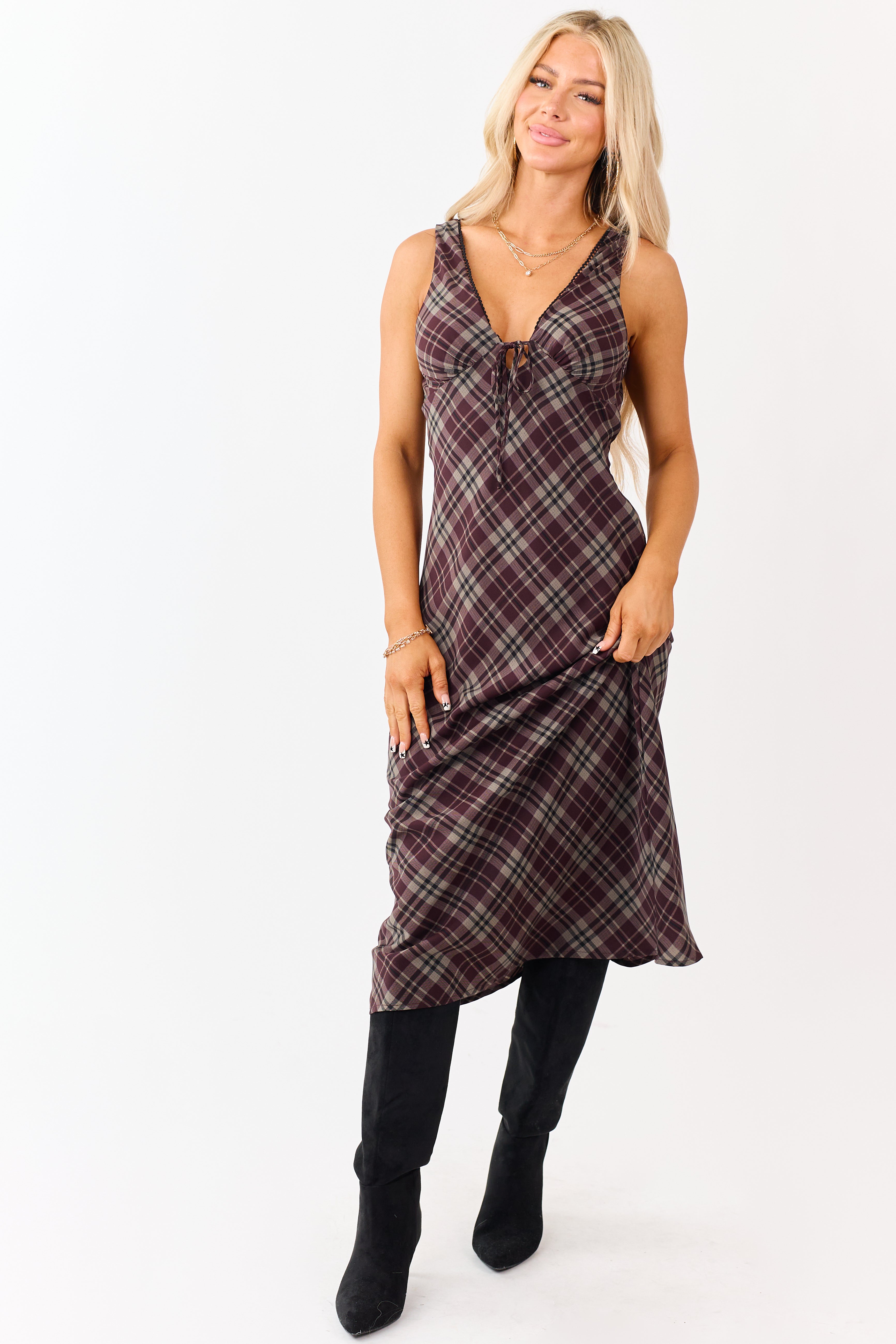 Wine Plaid Sleeveless Deep V-Neck Midi Dress