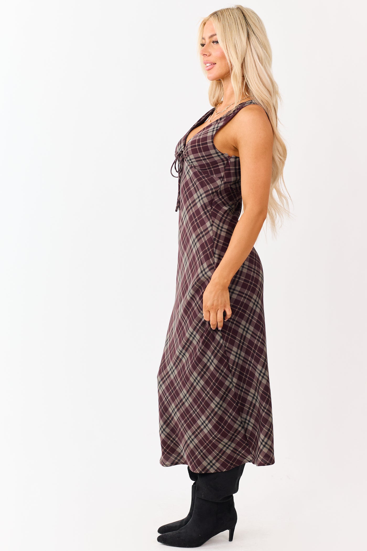 Wine Plaid Sleeveless Deep V-Neck Midi Dress