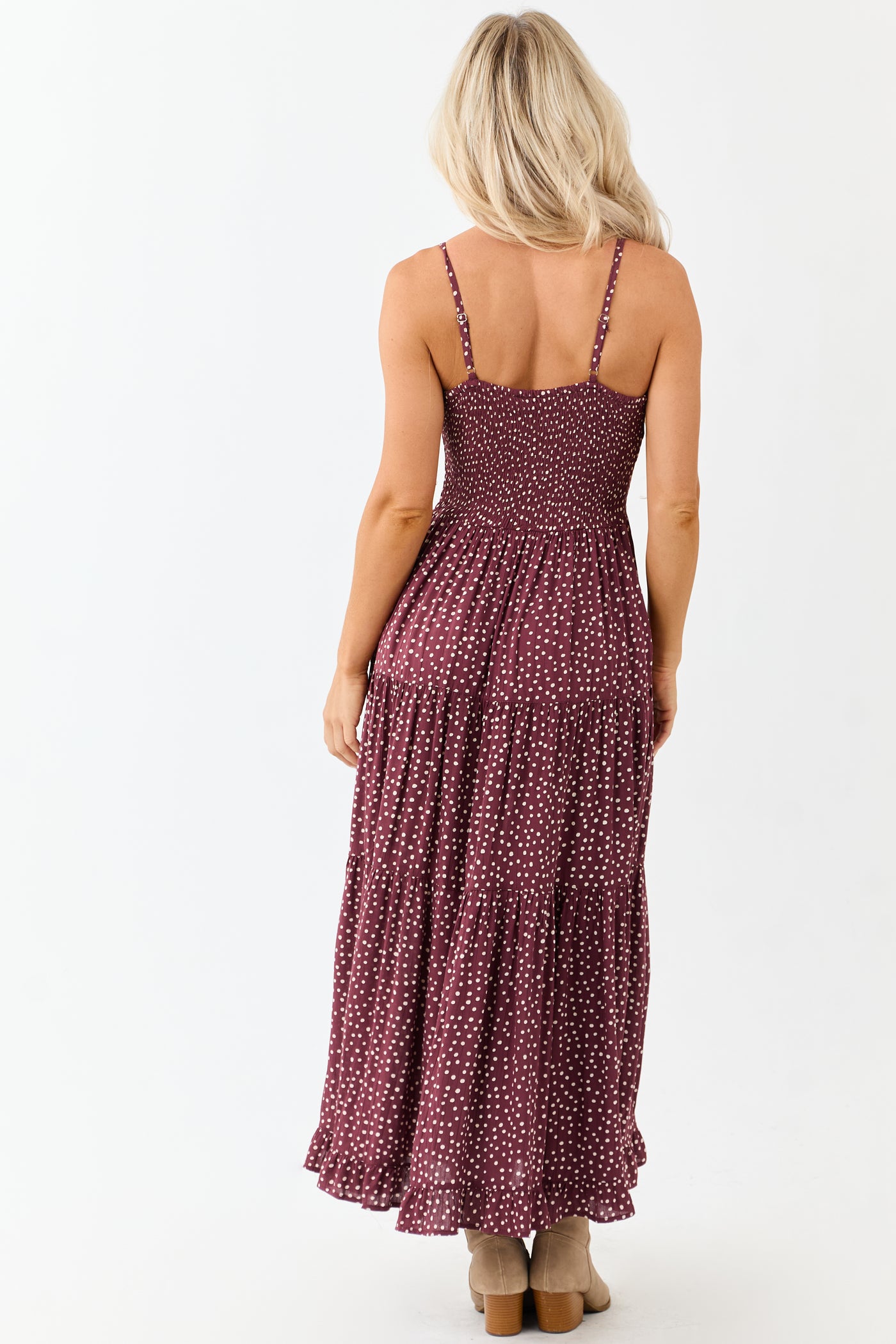Wine Polka Dot Sleeveless Tiered Maxi Dress