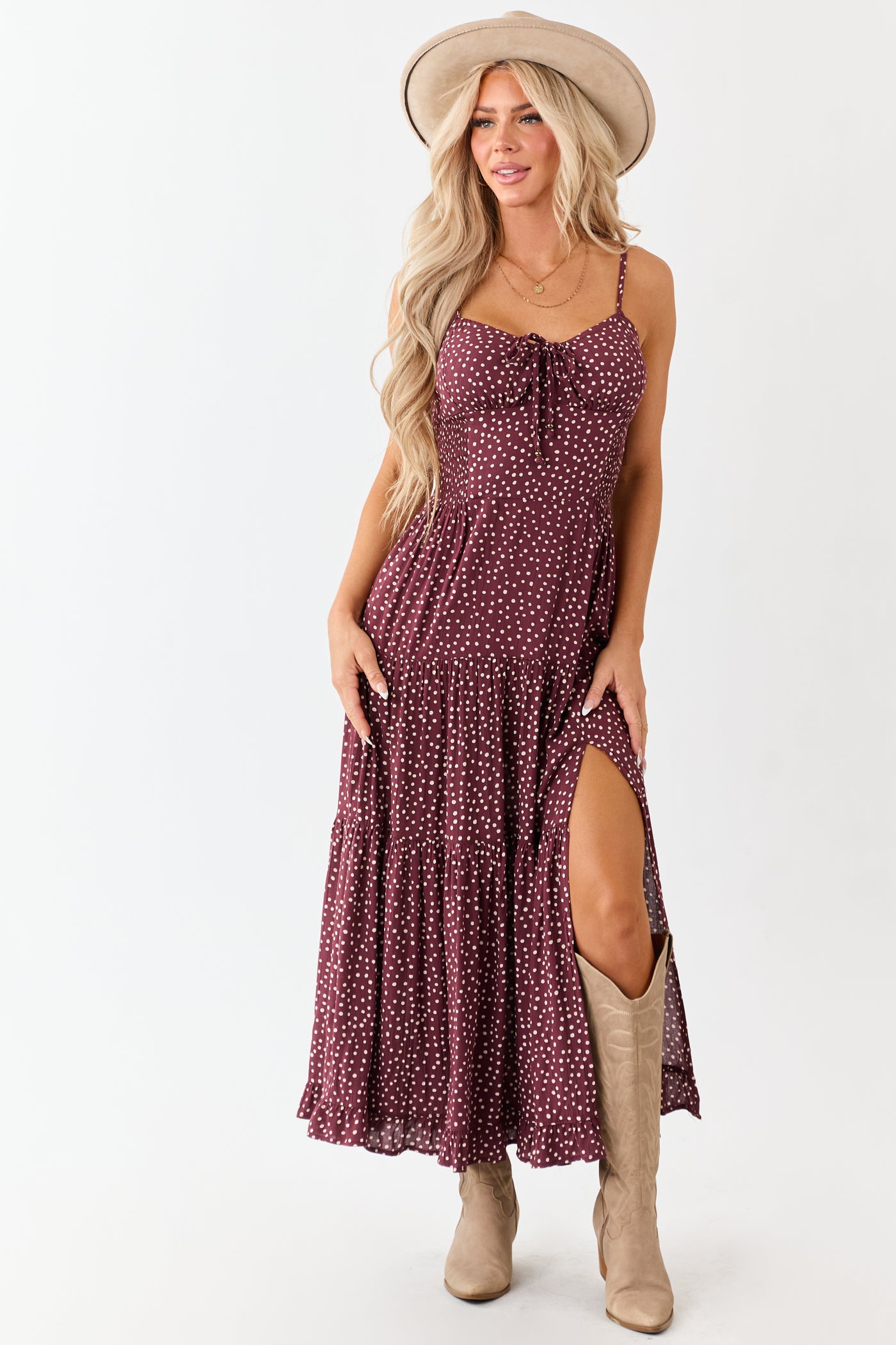 Wine Polka Dot Sleeveless Tiered Maxi Dress