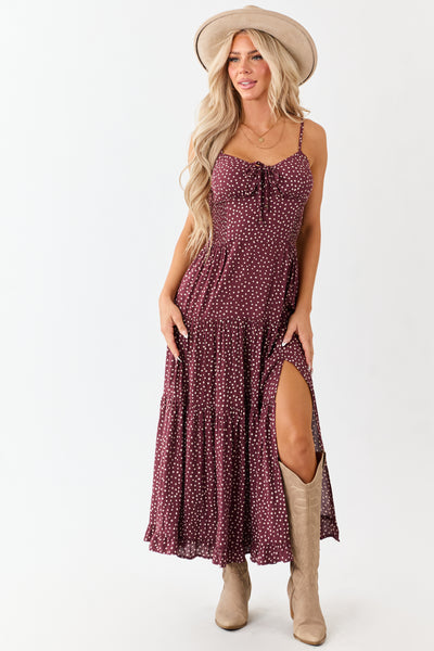 Wine Polka Dot Sleeveless Tiered Maxi Dress