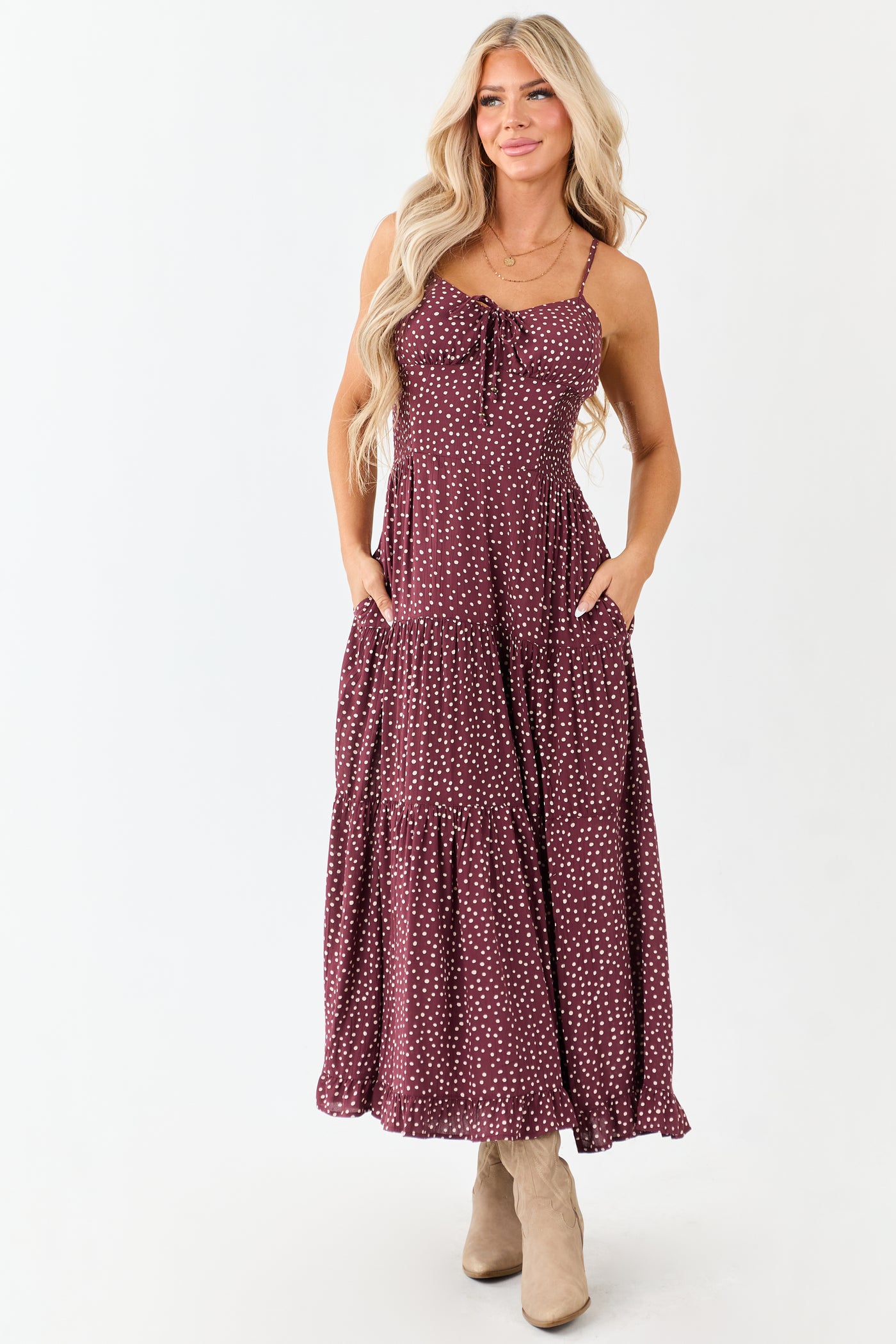Wine Polka Dot Sleeveless Tiered Maxi Dress