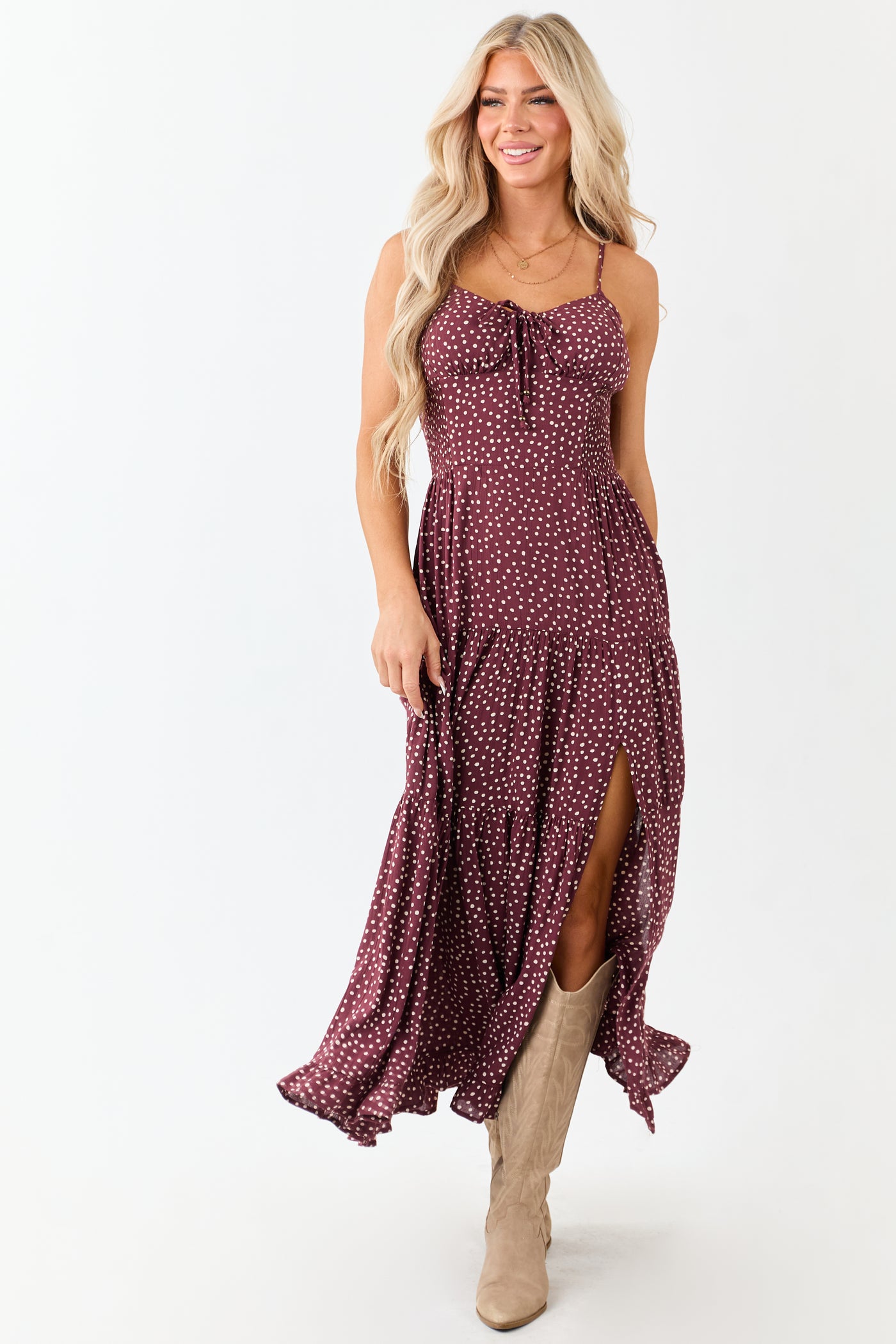 Wine Polka Dot Sleeveless Tiered Maxi Dress