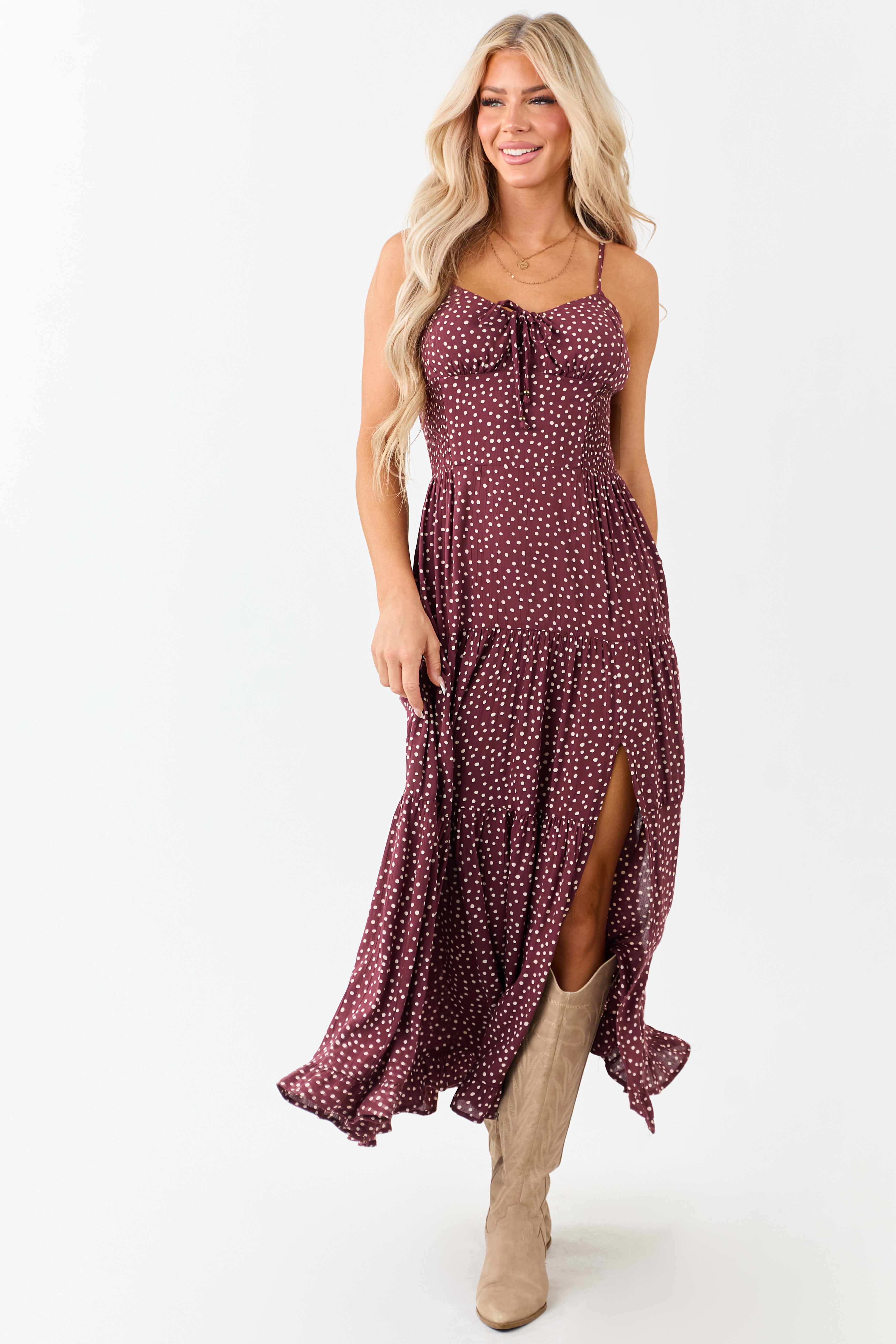 Wine Polka Dot Sleeveless Tiered Maxi Dress